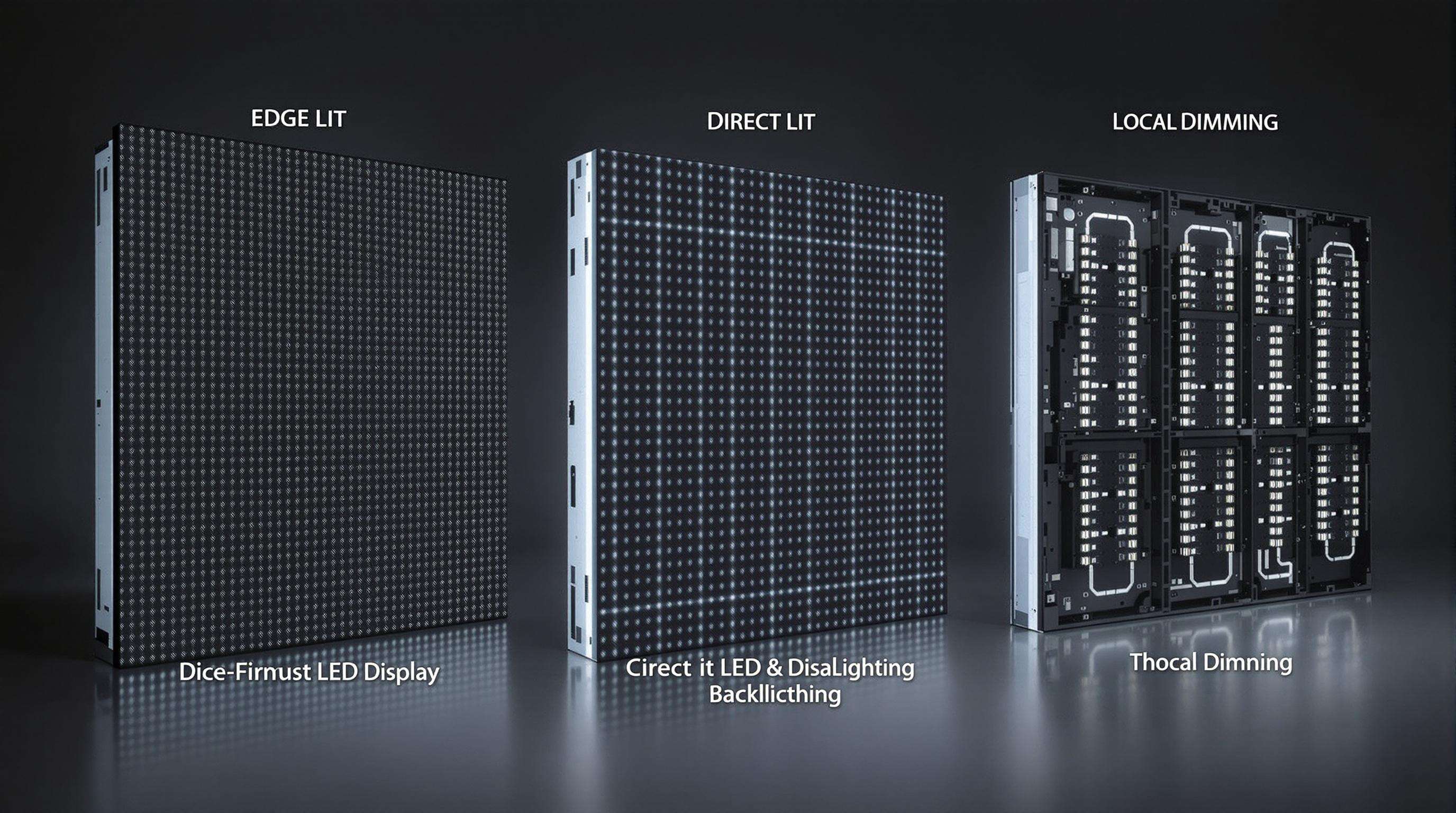 Cross-sectional view comparing edge-lit, direct-lit, and local dimming LED display backlighting