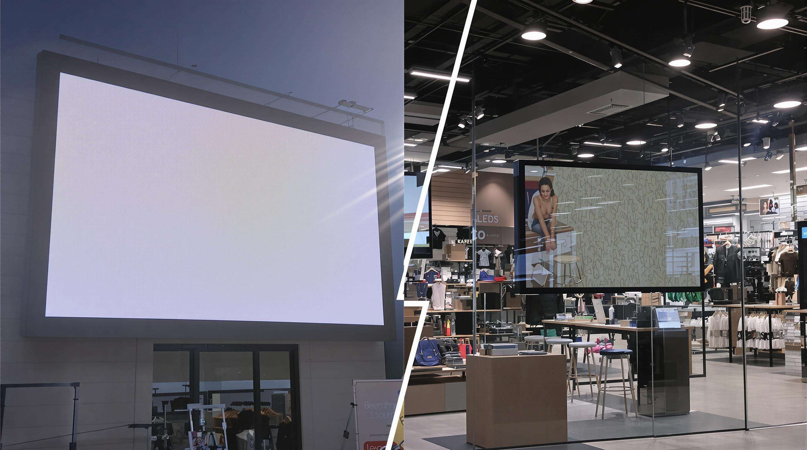 Outdoor billboard and indoor LED display showing differences in brightness under their respective environments