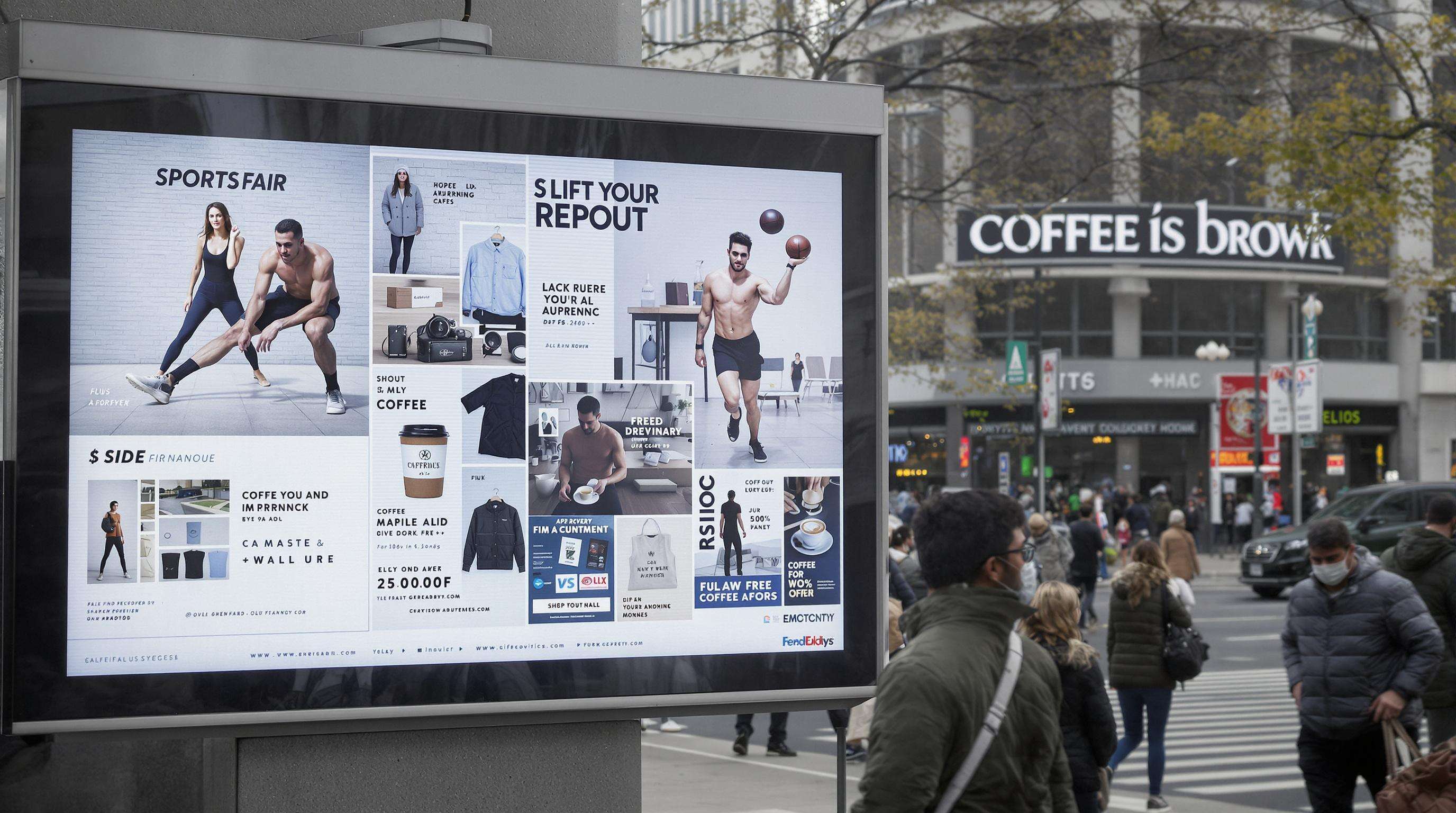 Outdoor digital advertising screen in a city showing relevant ads that change based on who is walking by