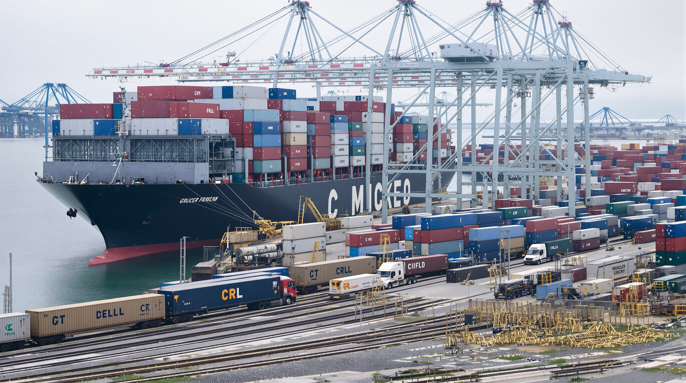 Port where containers are transferred from ships to double-stacked trains, highlighting land and maritime logistics integration