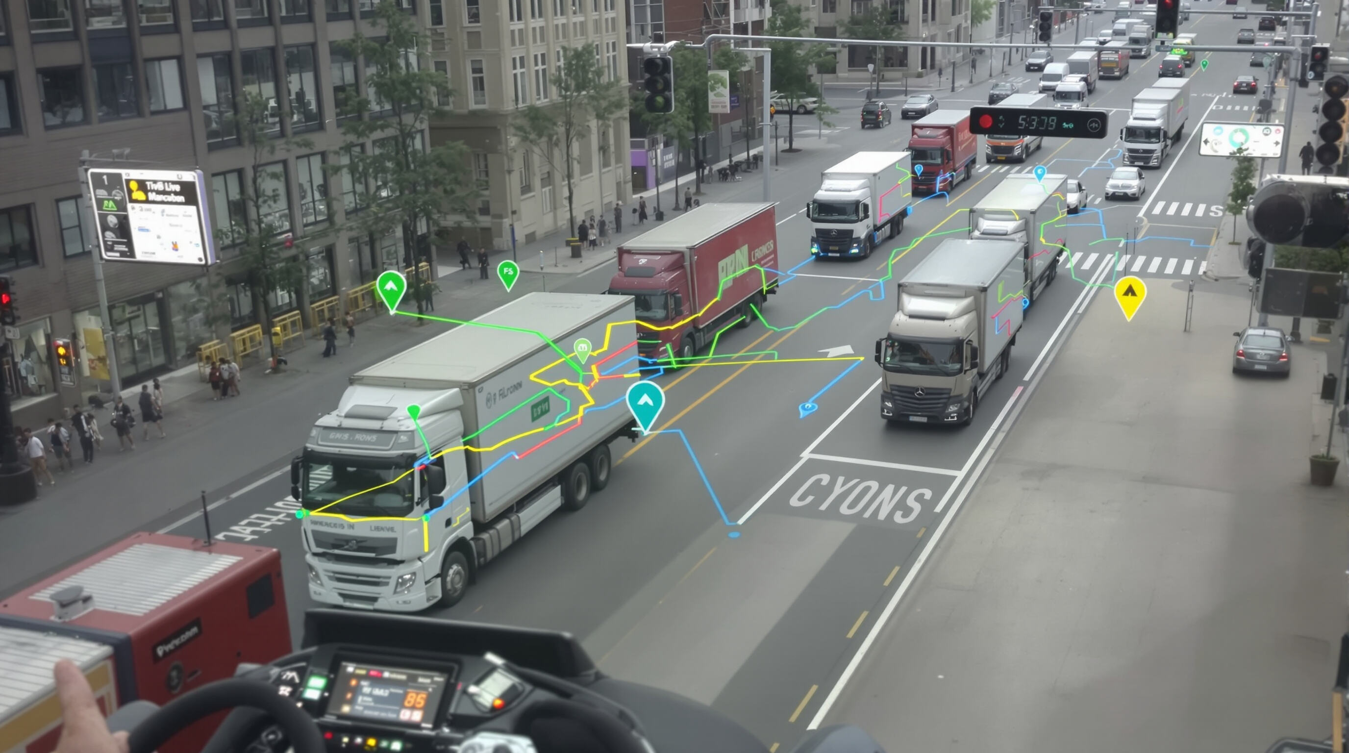 Delivery trucks navigating city streets using real-time GPS route optimization.