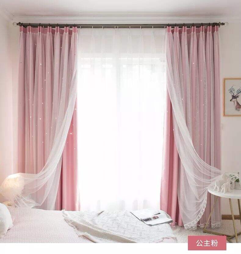 Foulola： Hot Sales Blackout Stars Curtain Fabric with Lace details