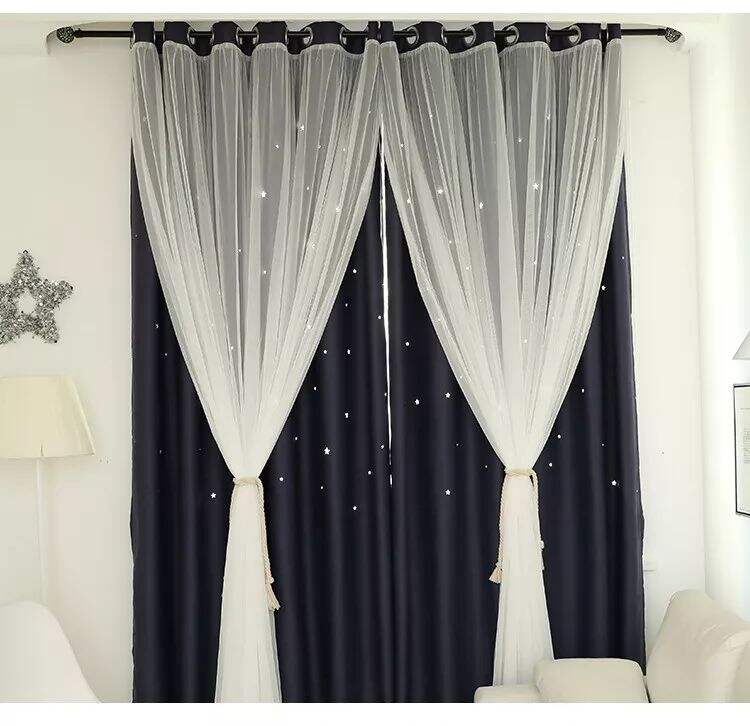 Foulola： Hot Sales Blackout Stars Curtain Fabric with Lace details