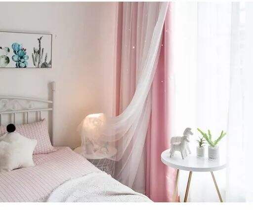 Foulola： Hot Sales Blackout Stars Curtain Fabric with Lace details