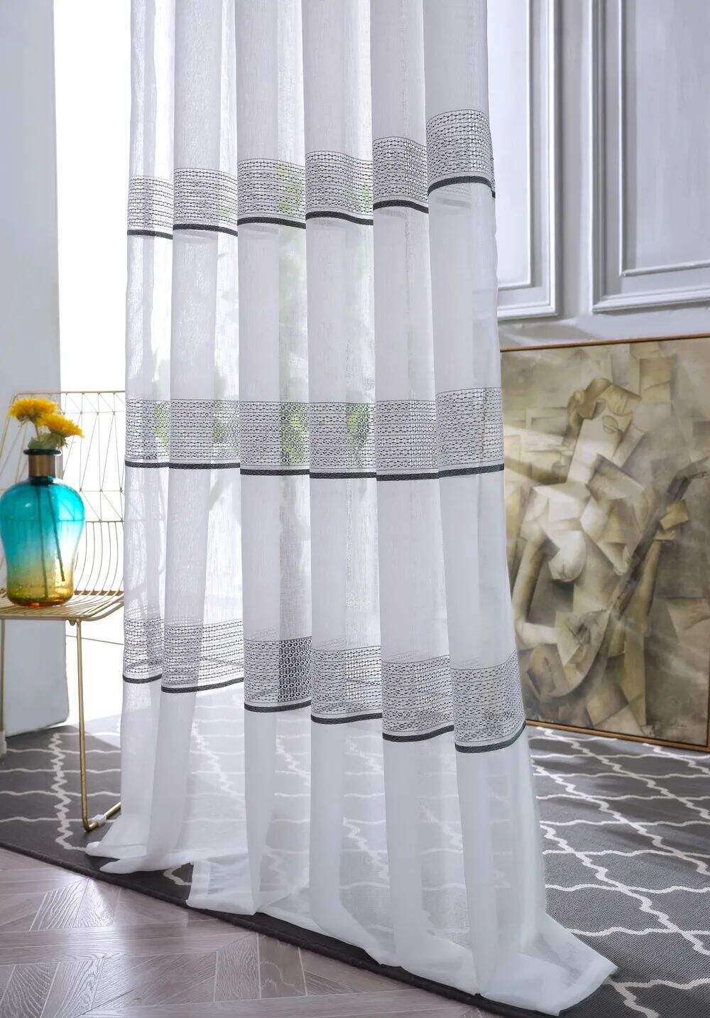Foulola News: 2029# Series Jacquard Stripe Style Linen Sheer details