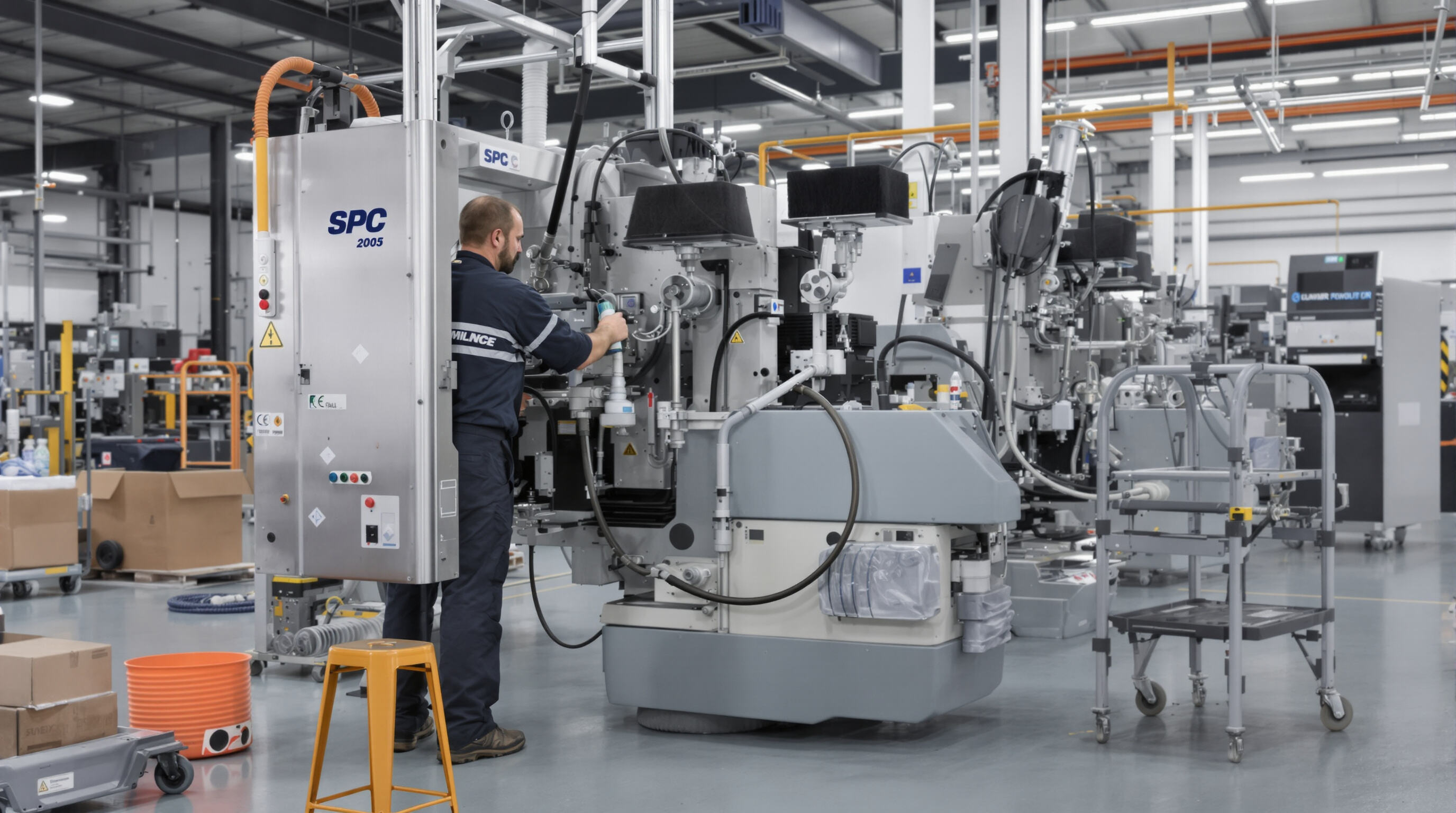 Technician conducting preventive maintenance checks on a commercial SPC floor machine
