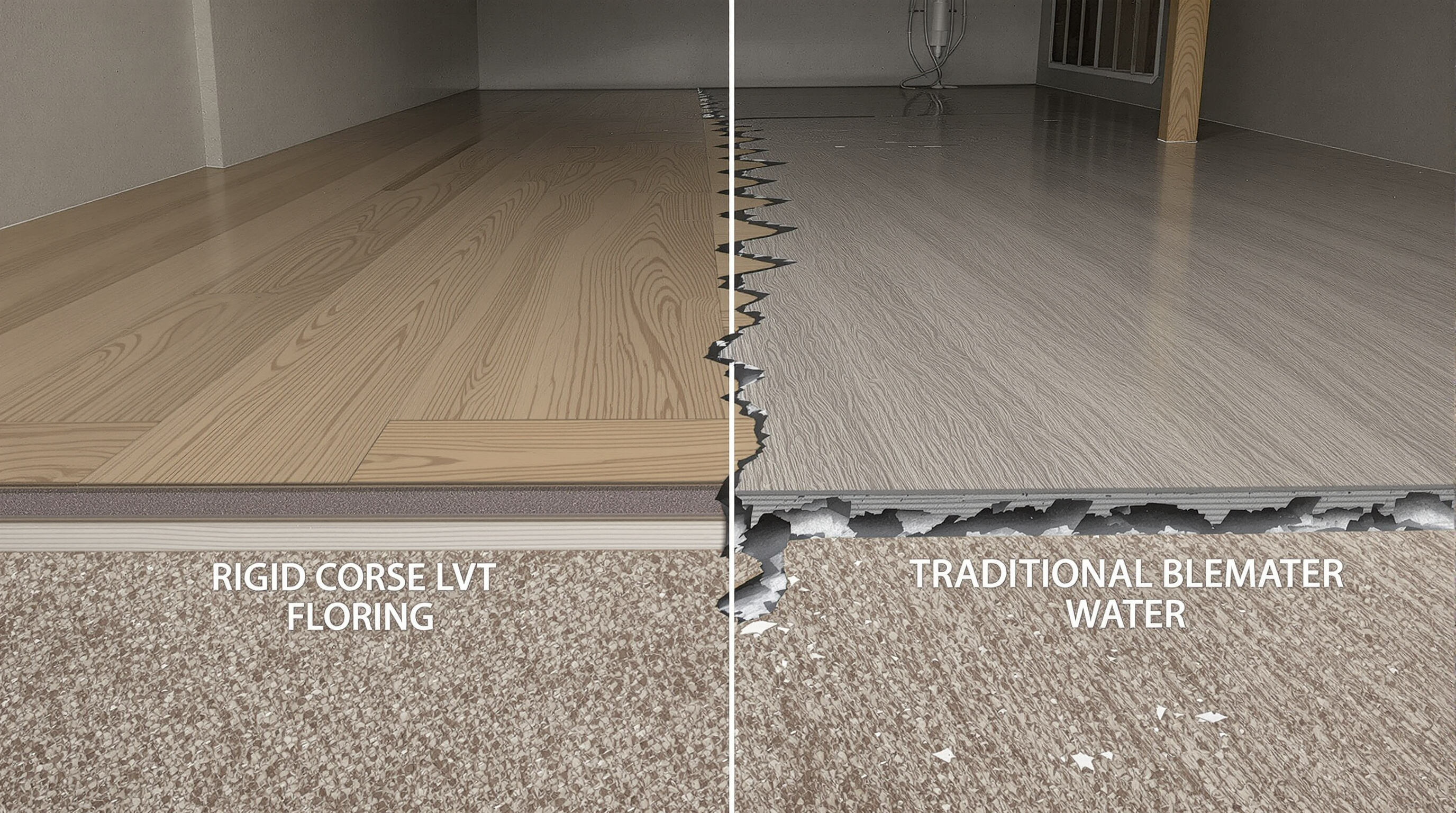 Basement cross-section showing LVT flooring resisting water while traditional vinyl suffers damage in high-moisture conditions