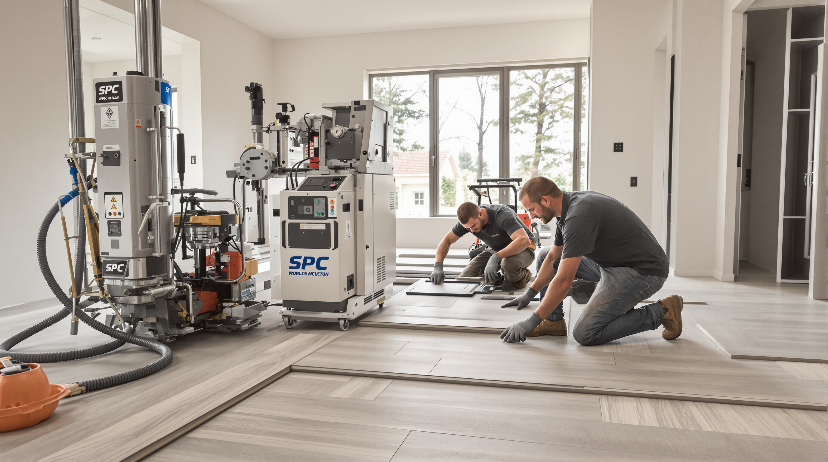 Installers using an automated floor machine alongside a manual worker, showing precise plank alignment versus traditional methods
