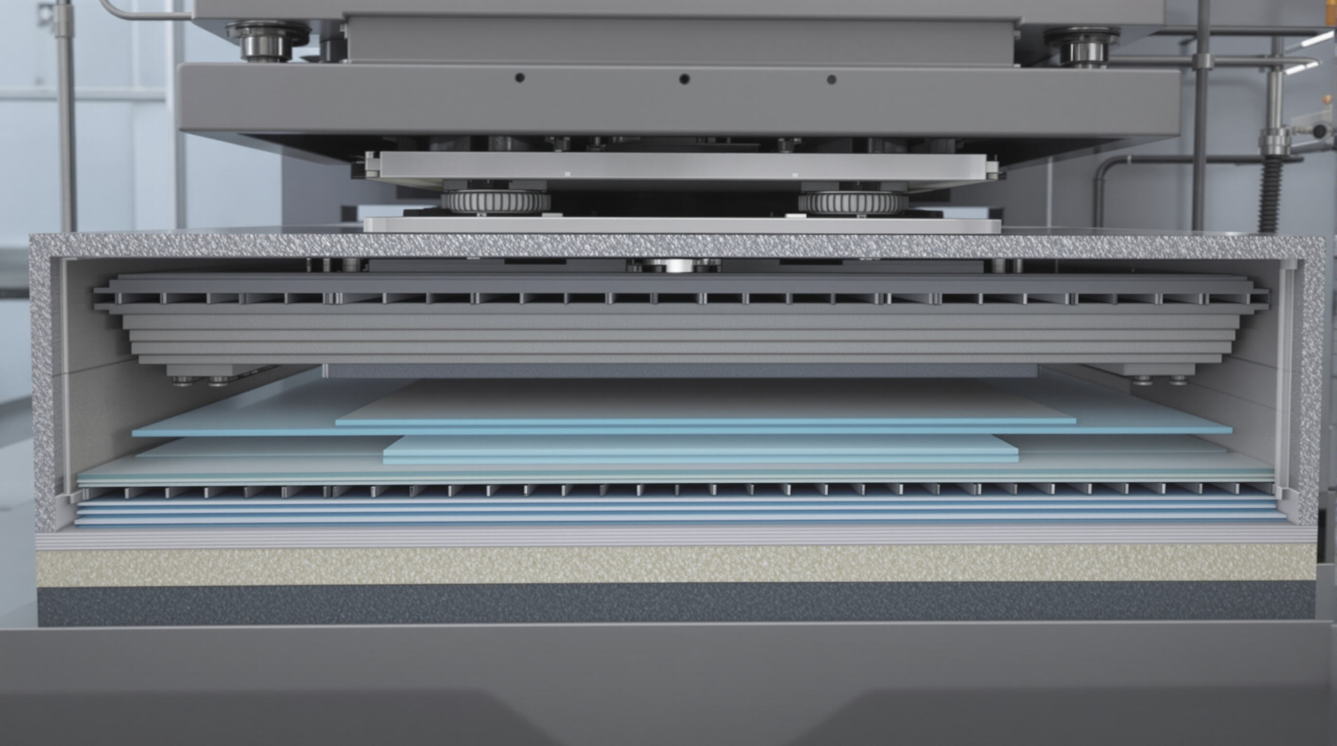 SPC floor machine compressing multi-layer composite flooring under hydraulic press