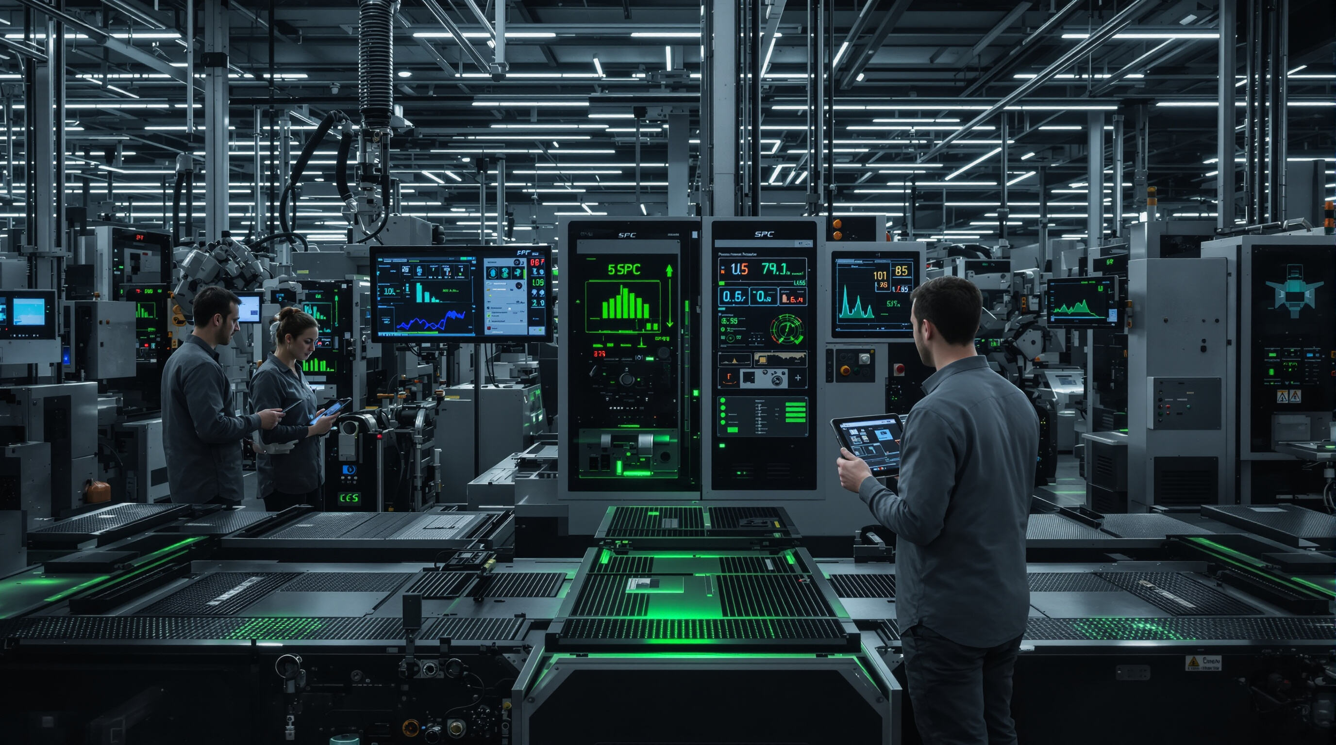 Smart factory floor with automated SPC machines and digital monitoring systems
