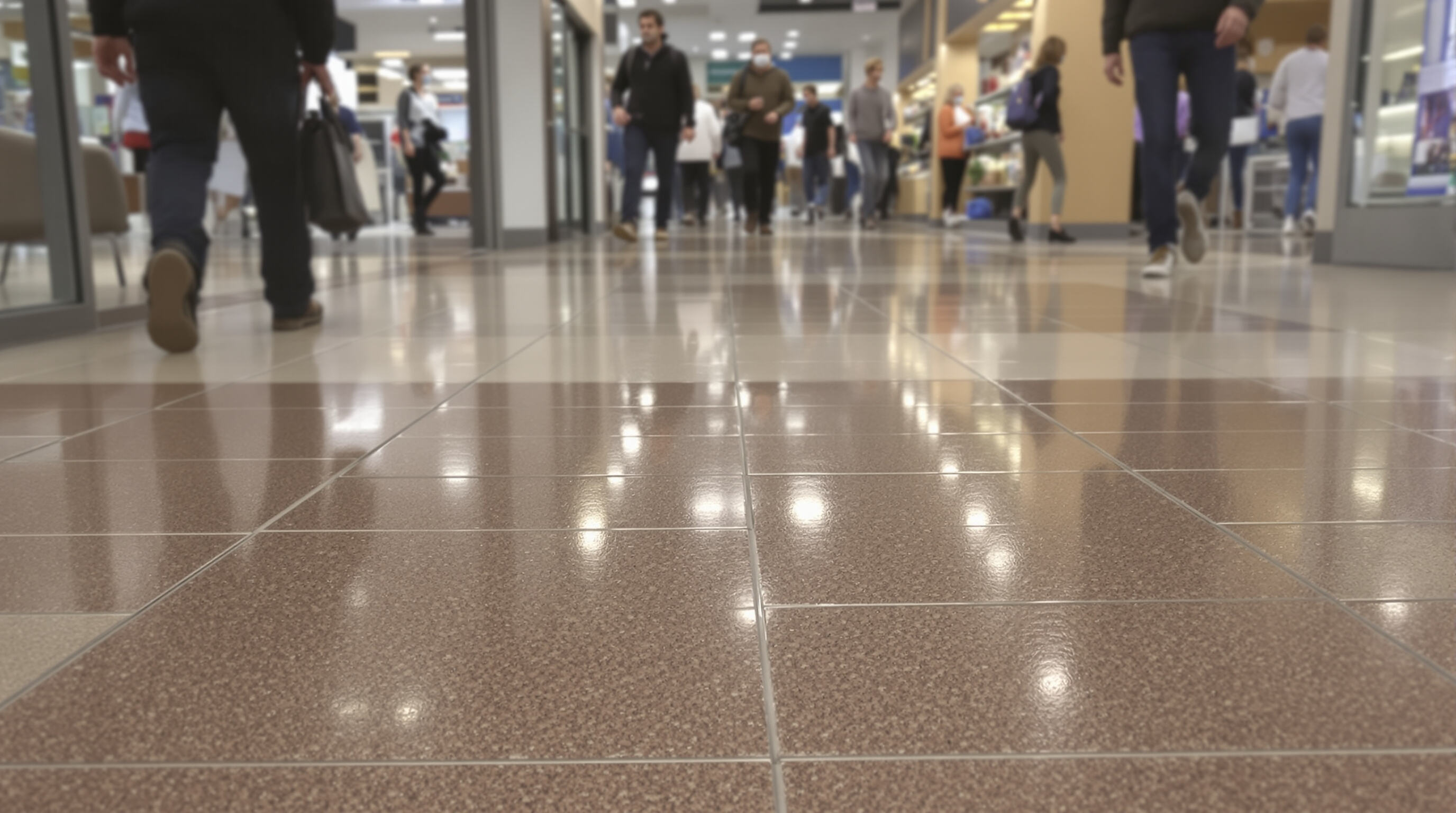 Busy commercial space with people on durable, scratch-resistant LVT flooring