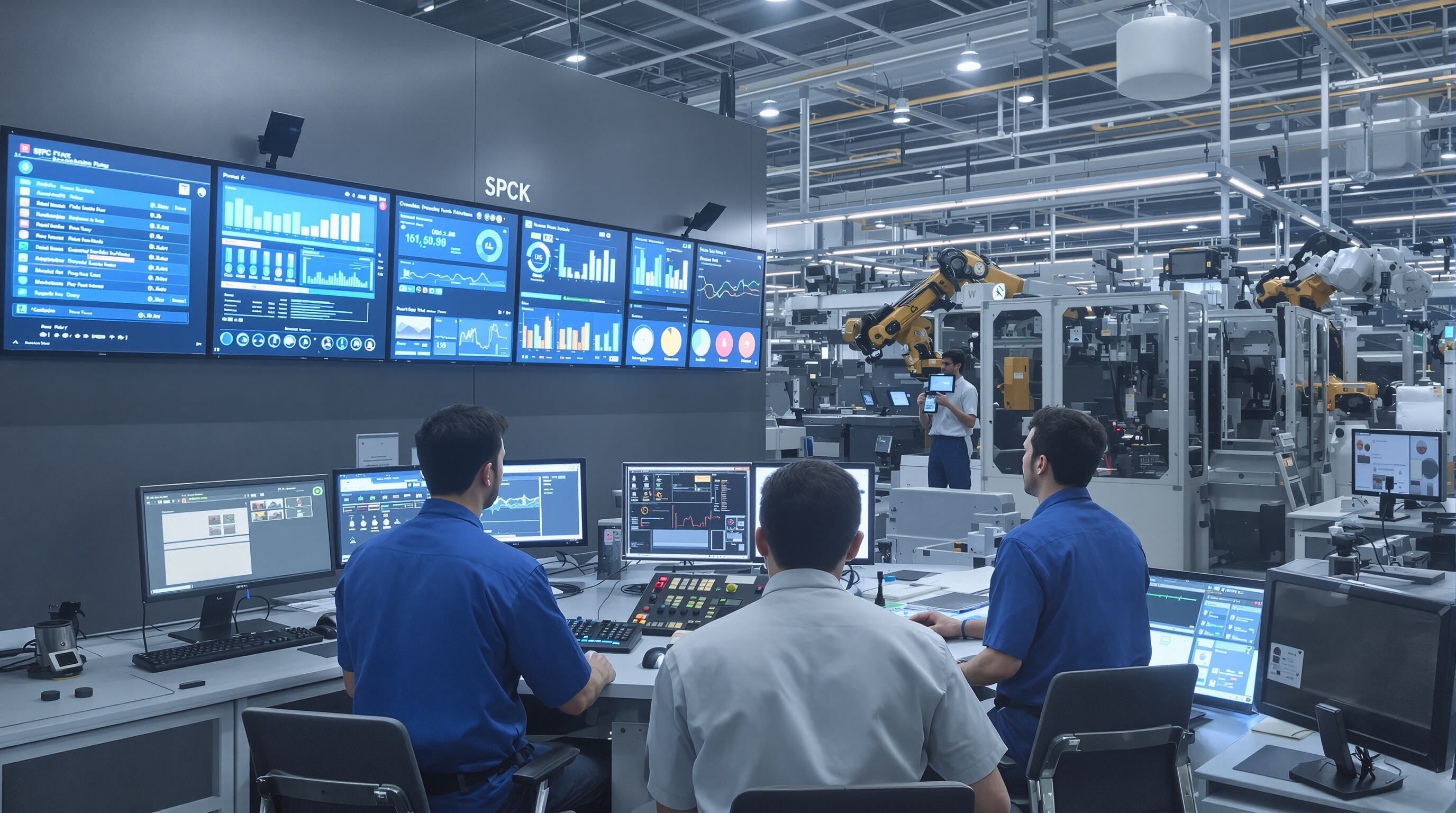Technicians overseeing automated SPC floor machines in a modern factory control room