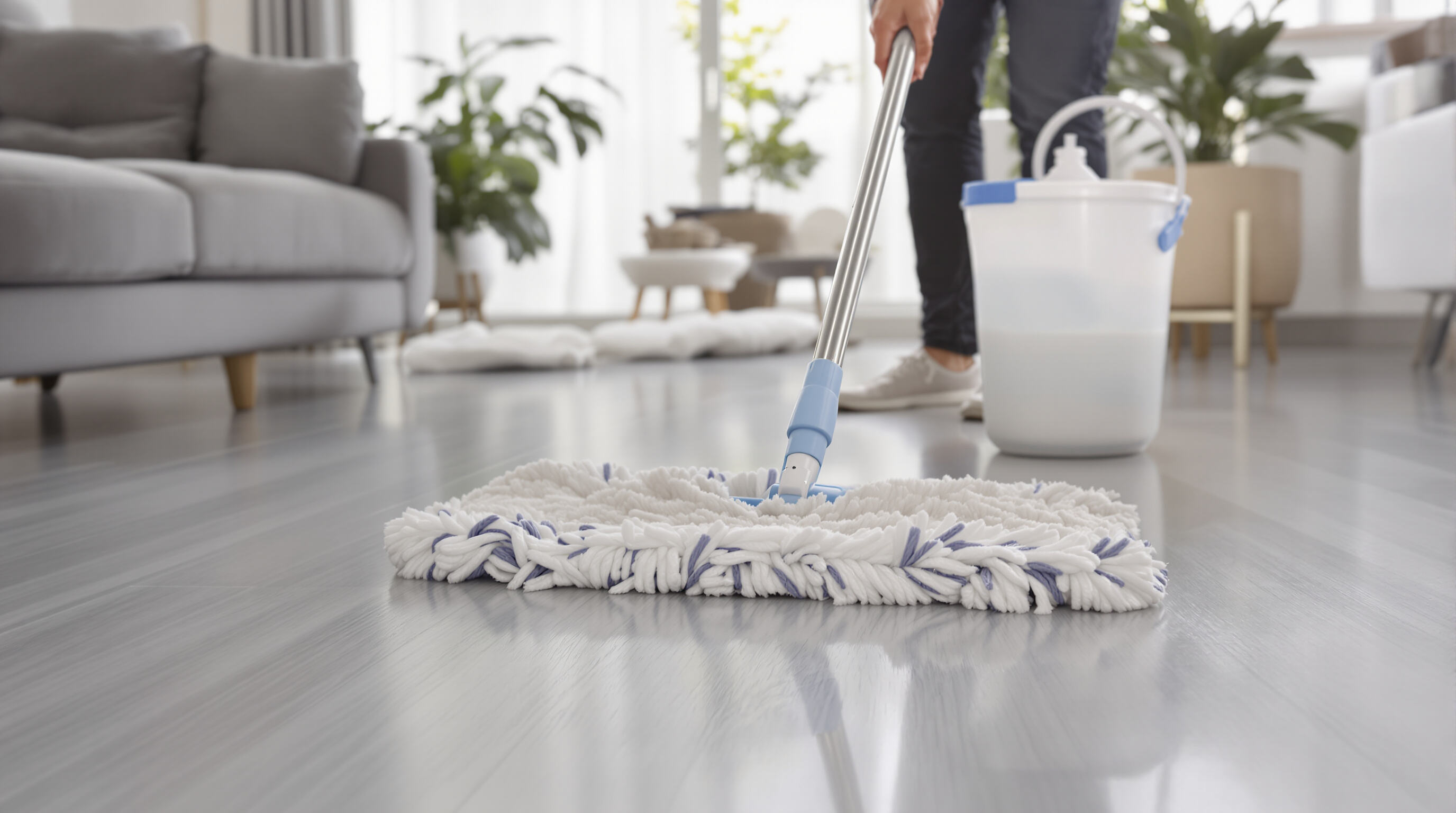 Person damp mopping LVT flooring in a modern living room using a microfiber mop and pH-balanced solution