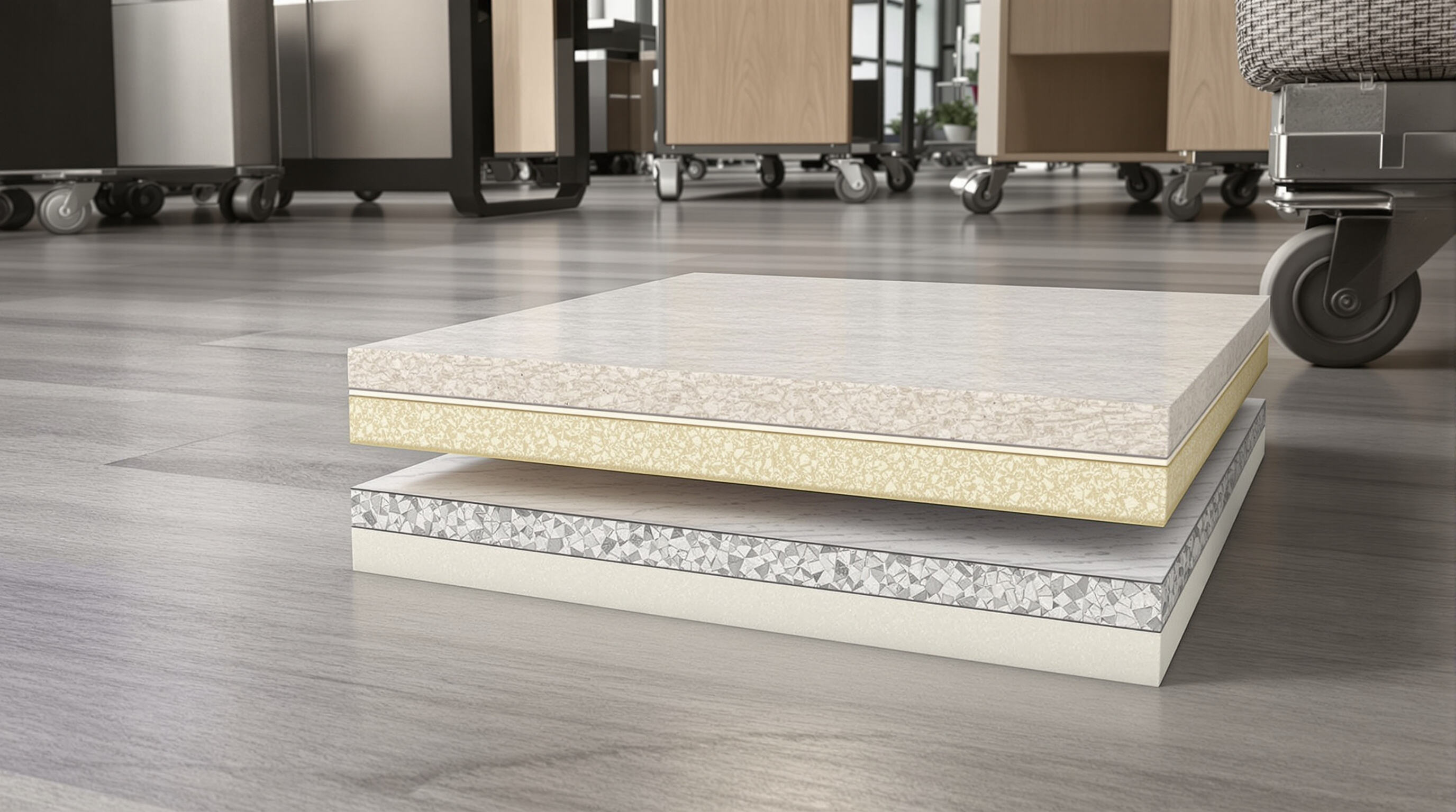Close-up of multi-layer LVT flooring cross-section in a commercial setting showing durability under high-traffic conditions