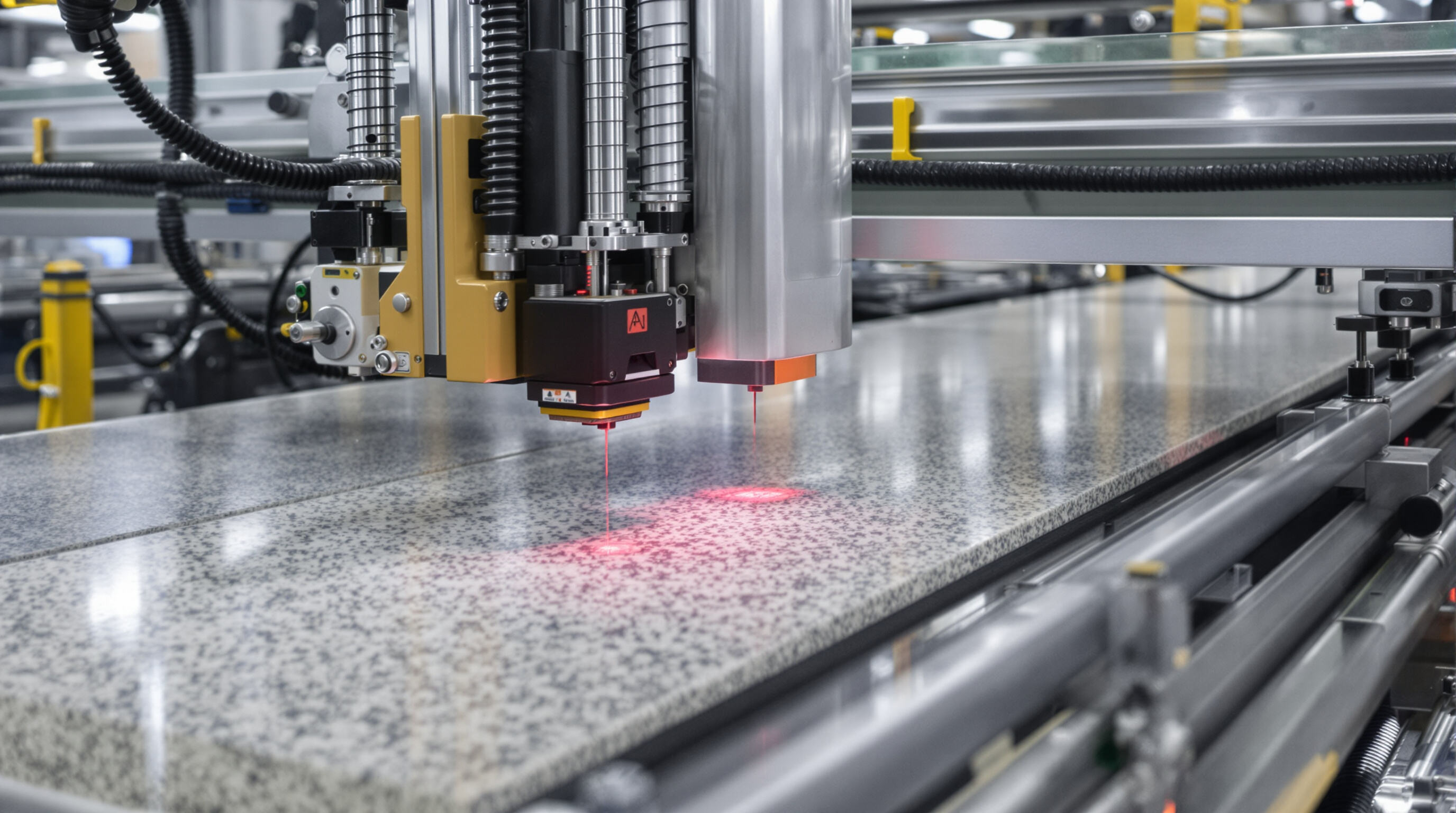 Laser-guided industrial calibration machine adjusting SPC flooring tiles with precision sensors
