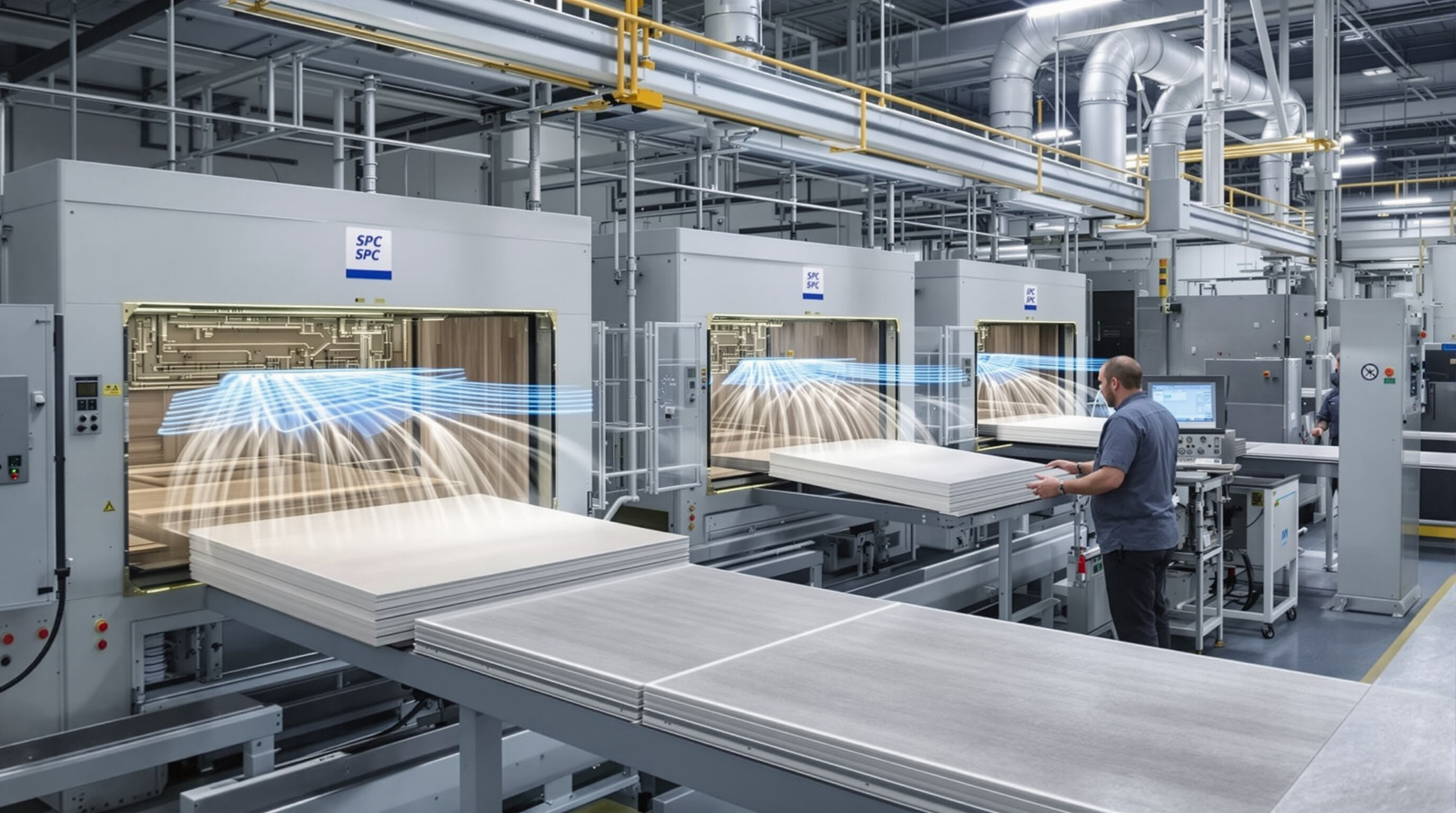 Industrial cooling chambers stabilizing rigid panels on an SPC flooring production line