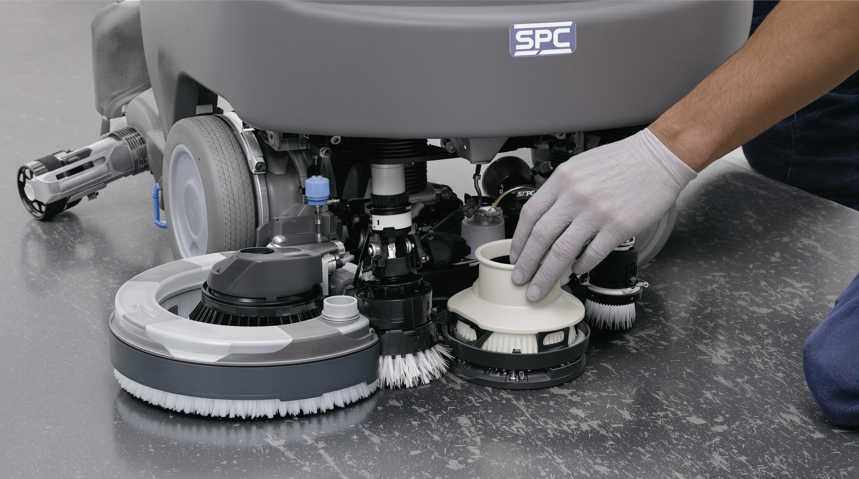 Hands performing cleaning and inspection of SPC floor machine parts as part of daily maintenance