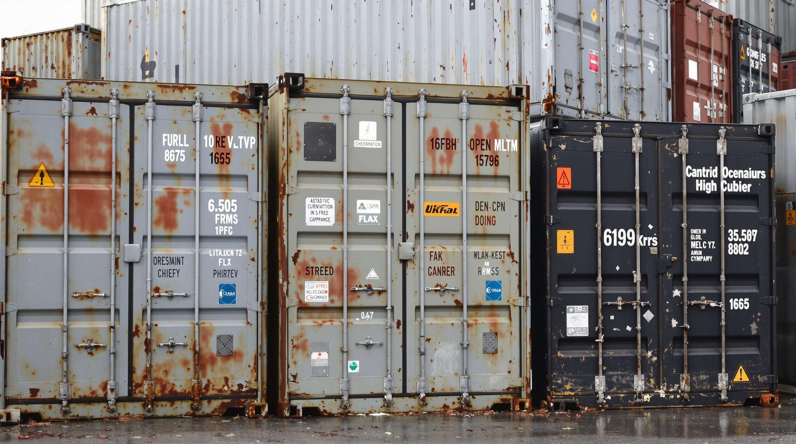 Different types and sizes of steel shipping containers outdoors, some used and rusted, others newer