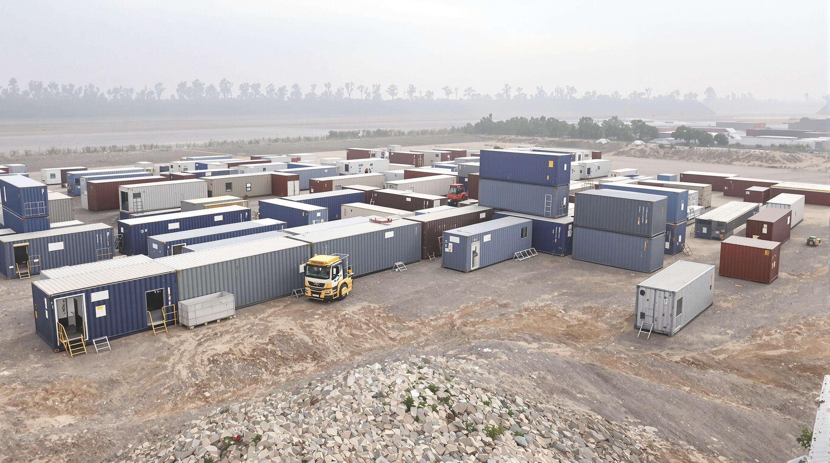 Shipping containers arranged in multiple configurations to illustrate modular layout flexibility