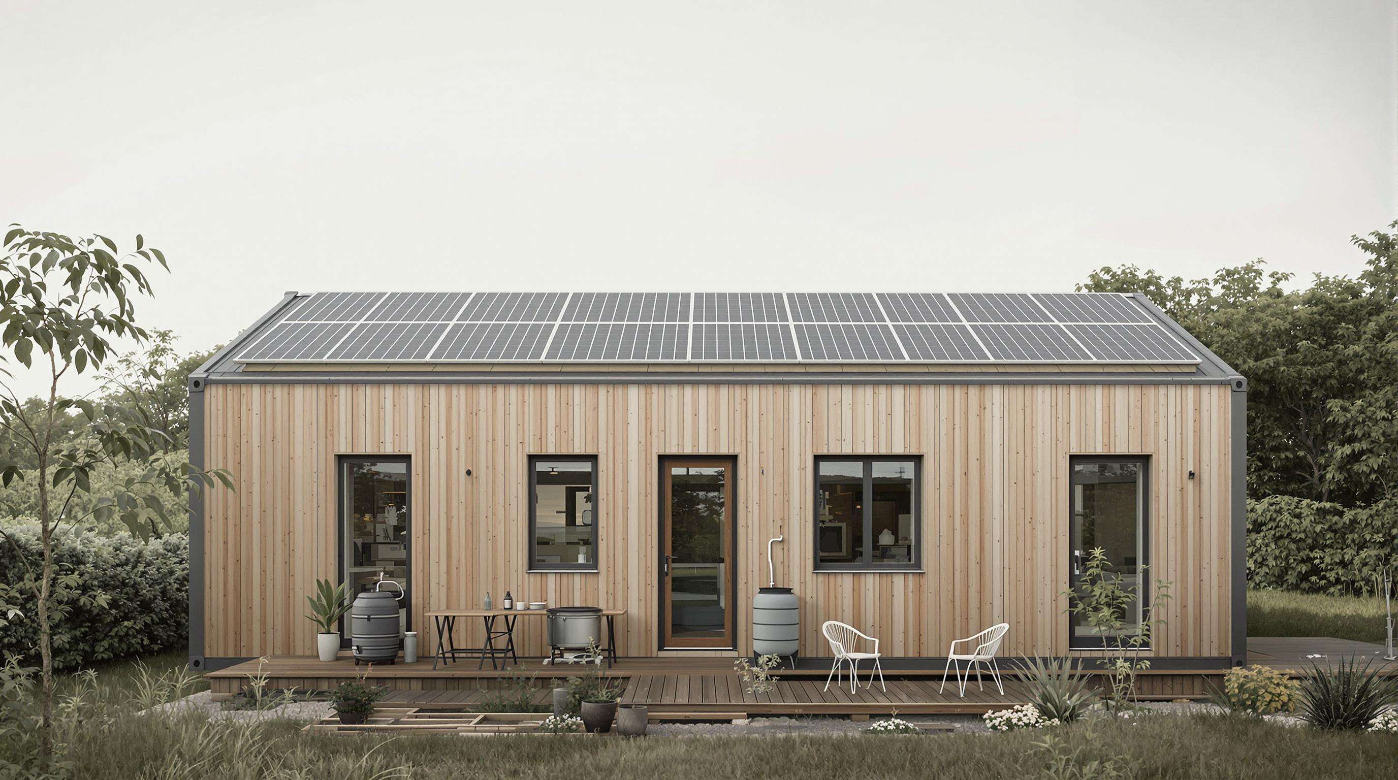 Modern container house with solar panels, bamboo and reclaimed wood finishes, and rainwater collection system in a green setting