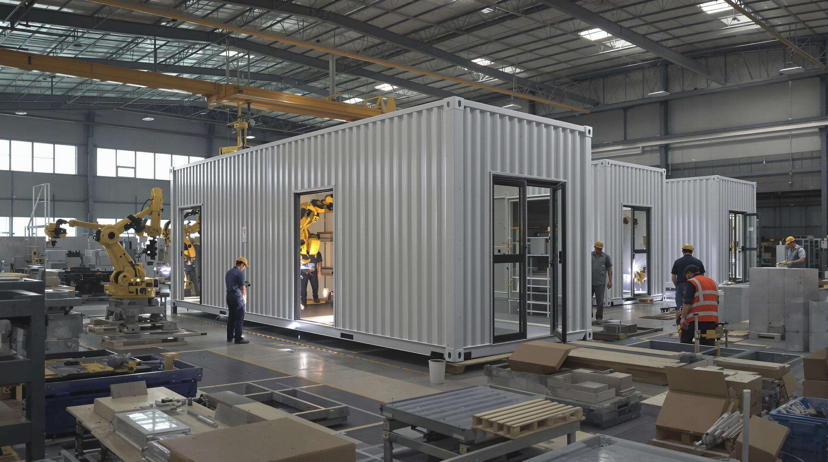Factory workers assembling prefabricated container home modules with robotic equipment.