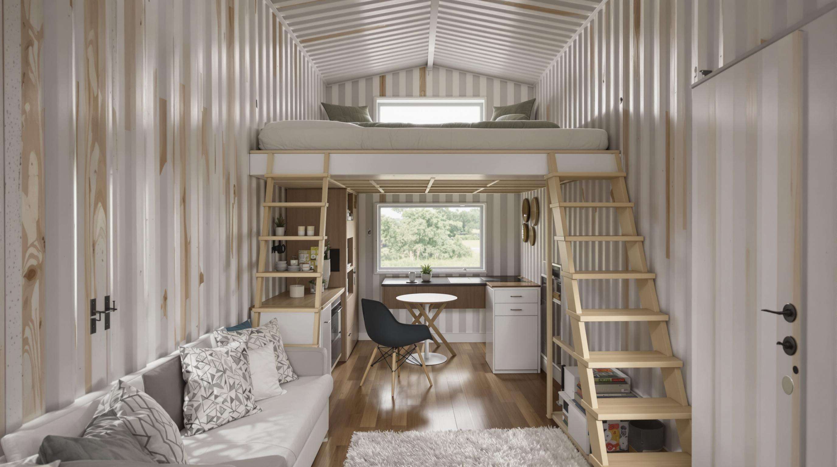 Compact container home interior with lofted bed, foldaway furniture, and hidden storage, lit by large window