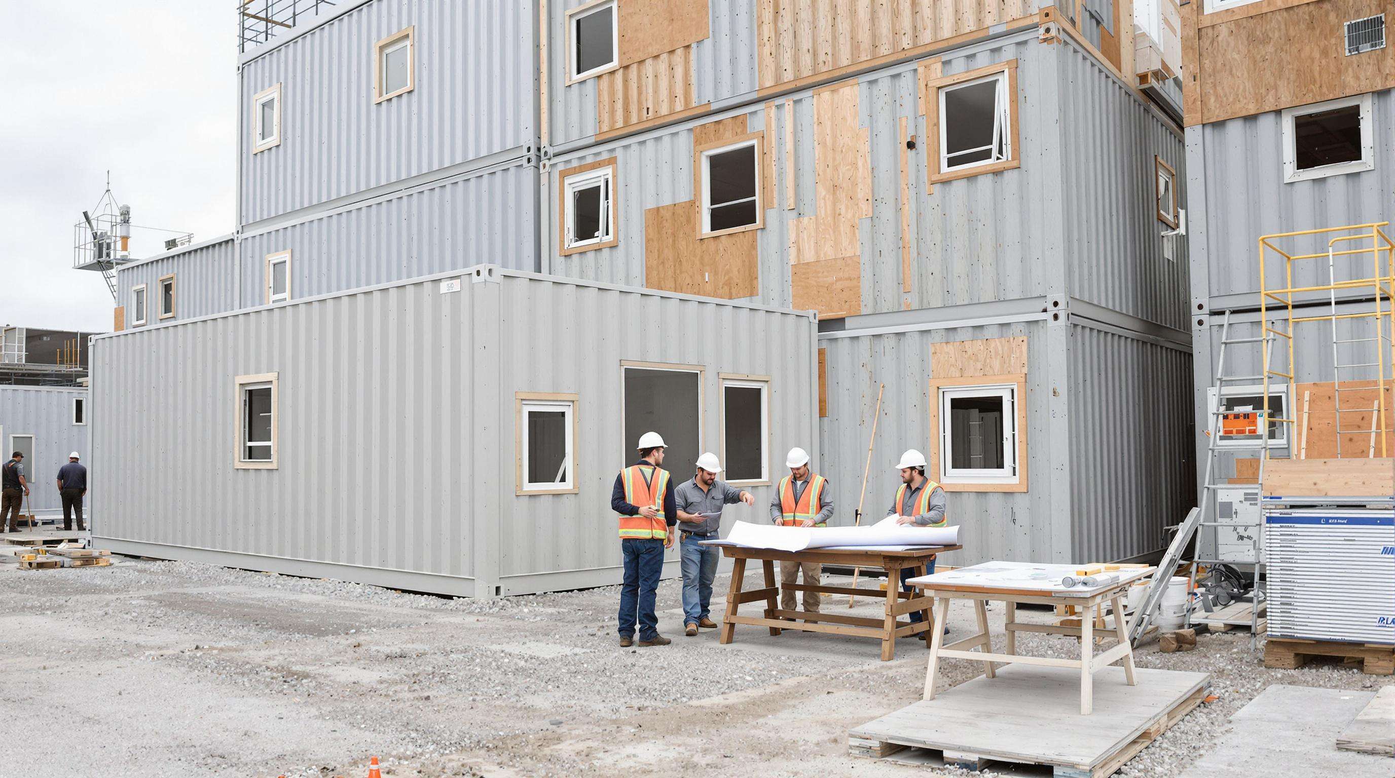Construction team reviewing blueprints next to steel shipping containers on a building site