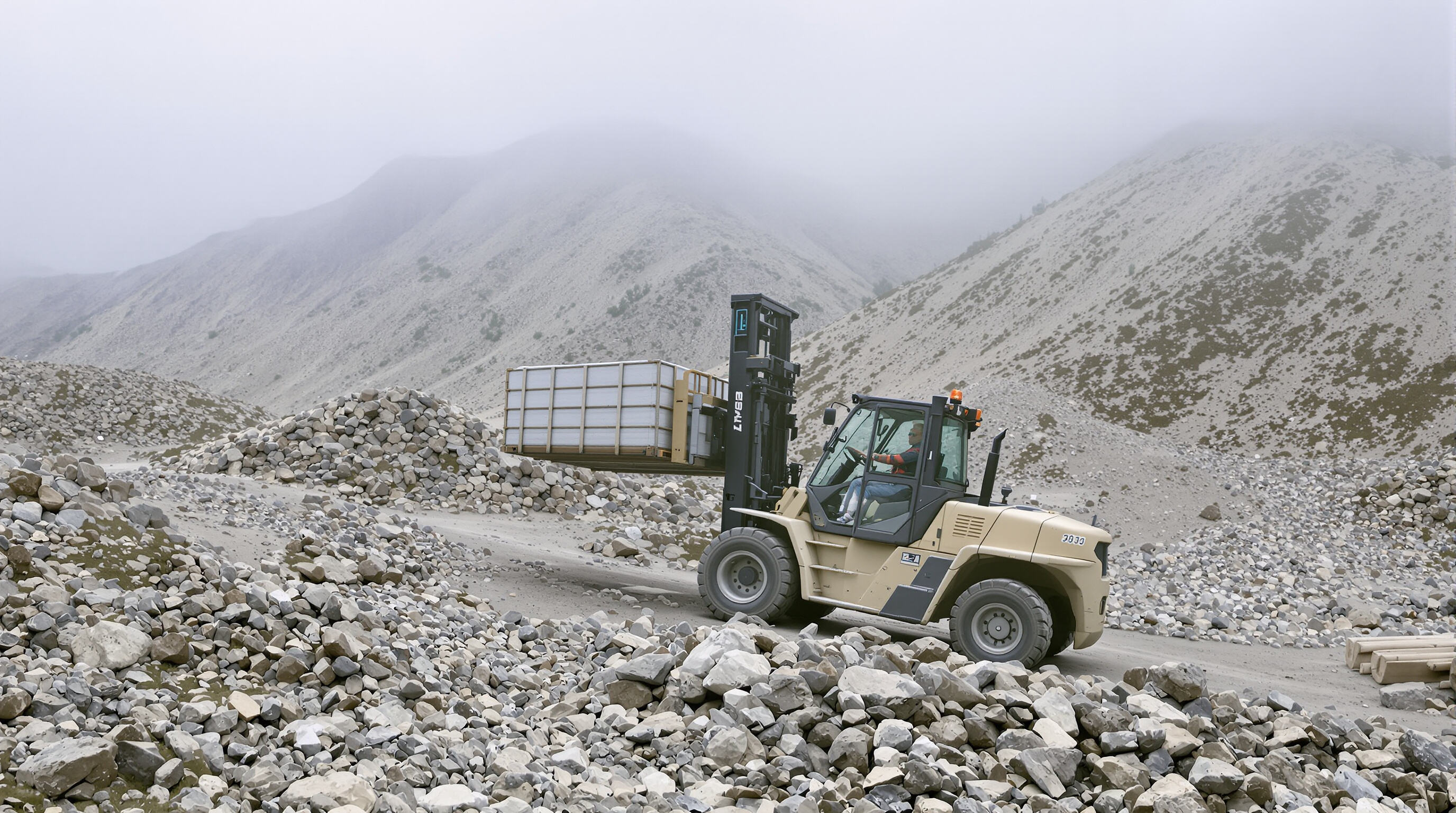 All terrain forklift operating on rocky, uneven mountain ground in rugged outdoor conditions