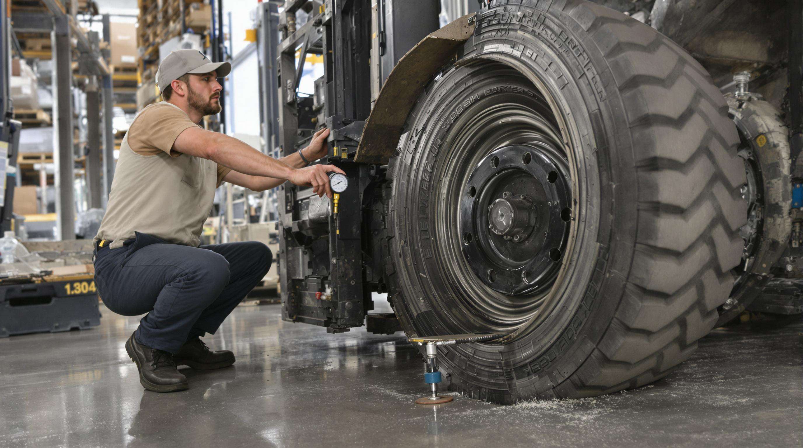 Operator using a gauge to check the tire pressure on a diesel forklift in a warehouse environment