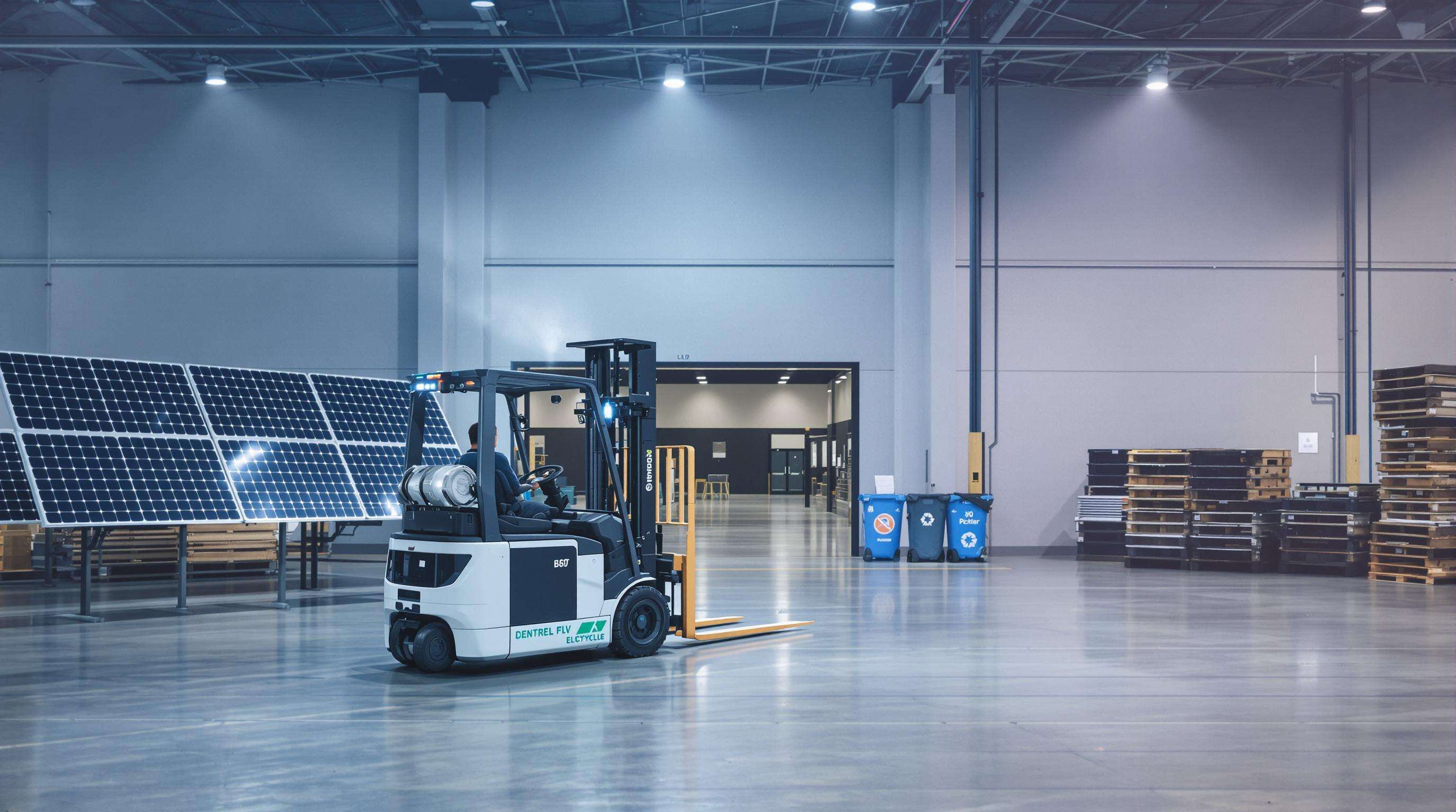 An electric forklift in a night warehouse with visible battery bay and no exhaust, highlighting eco-friendly operations