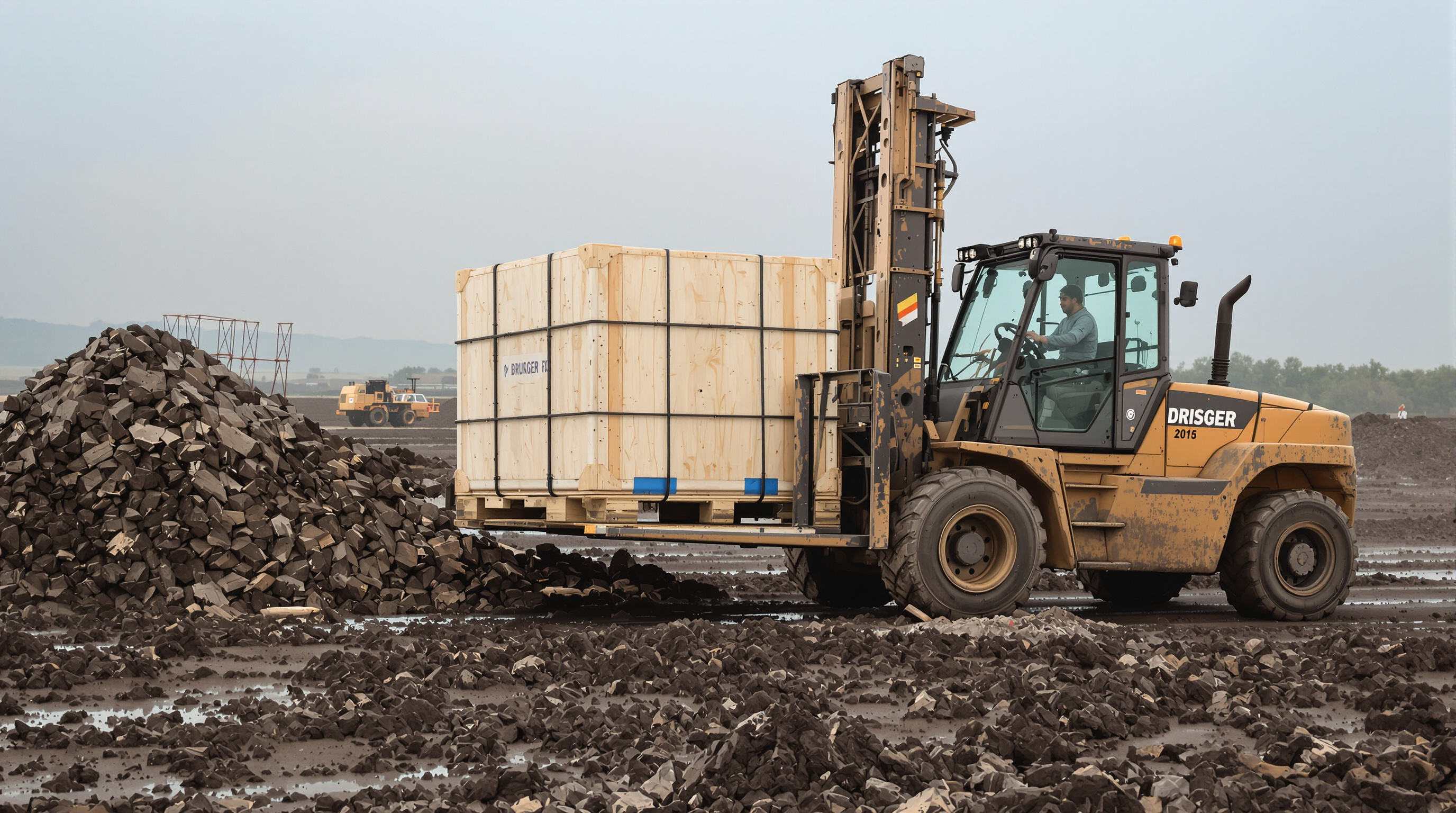 Diesel forklift carrying a load across a muddy, bumpy construction site in rugged conditions