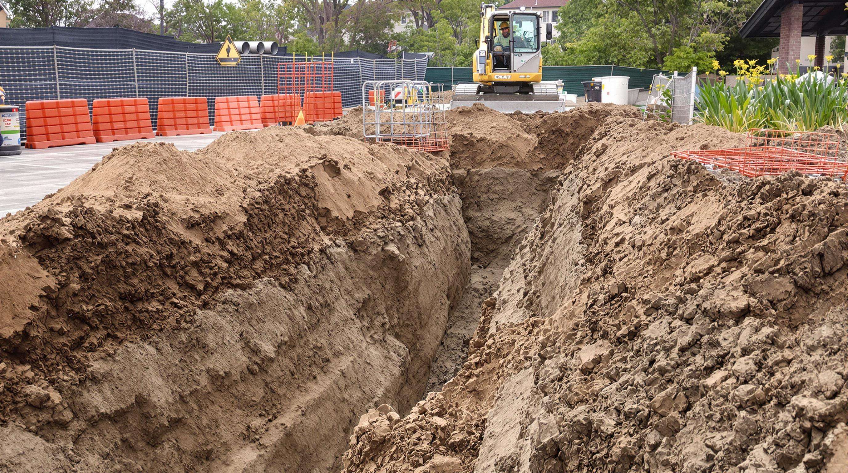 Mini excavator safely digging a trench with containment walls and correct operator positioning