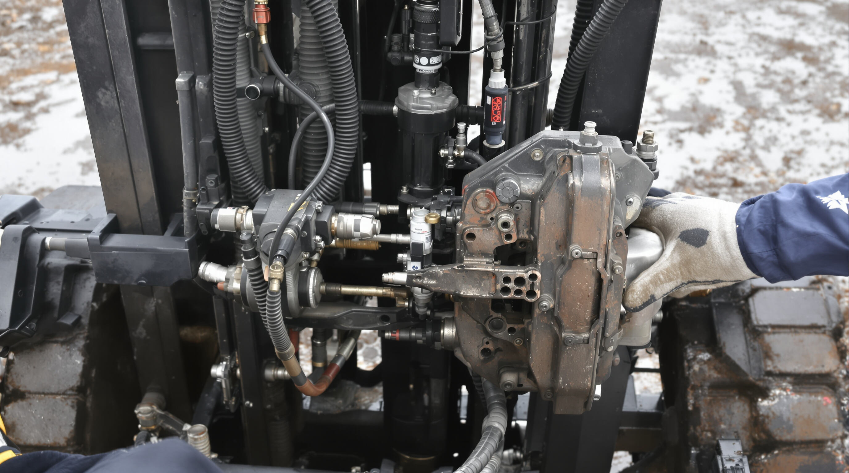 Gloved technician inspecting forklift hydraulic and brake systems in harsh outdoor conditions