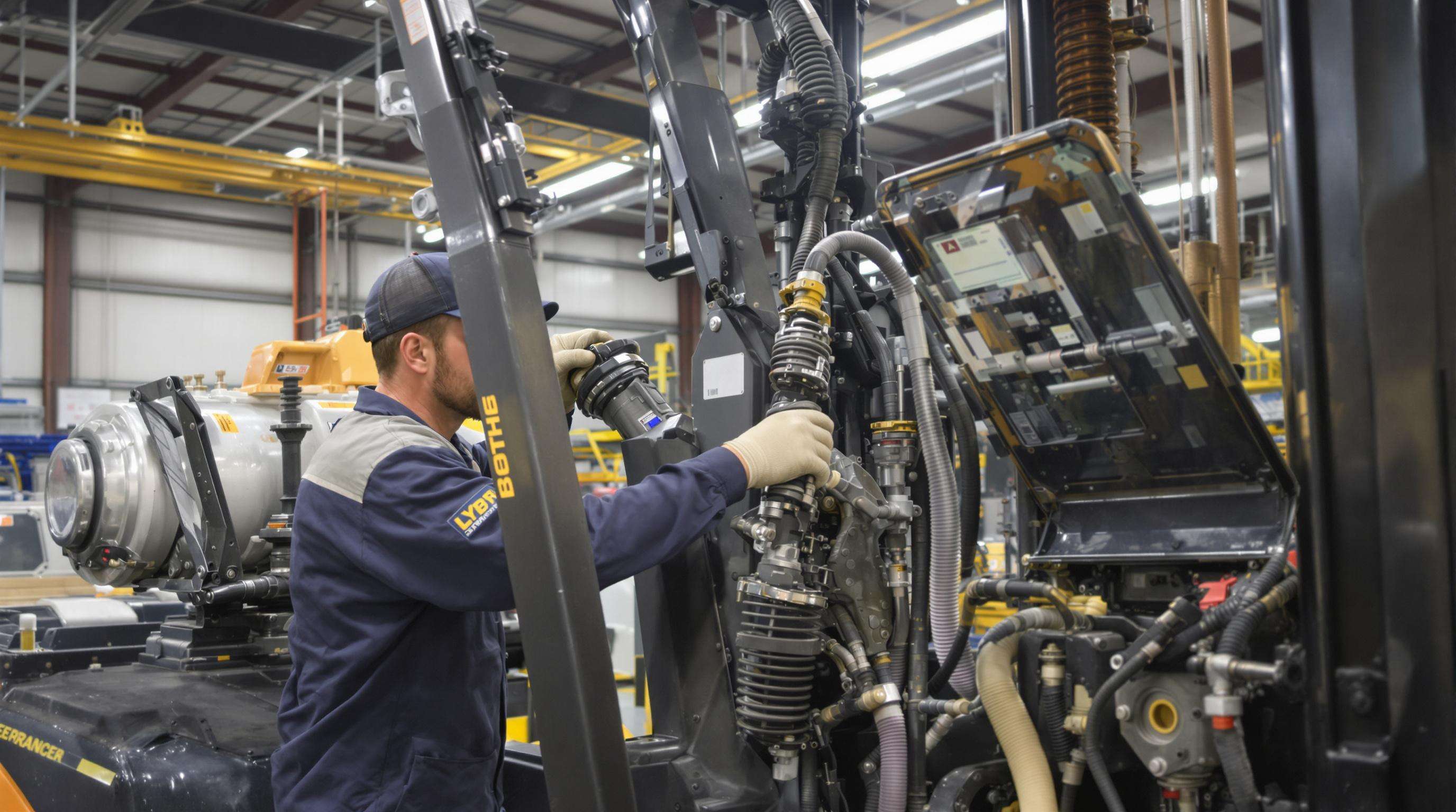 Technician inspecting hydraulic components of a diesel forklift in a warehouse