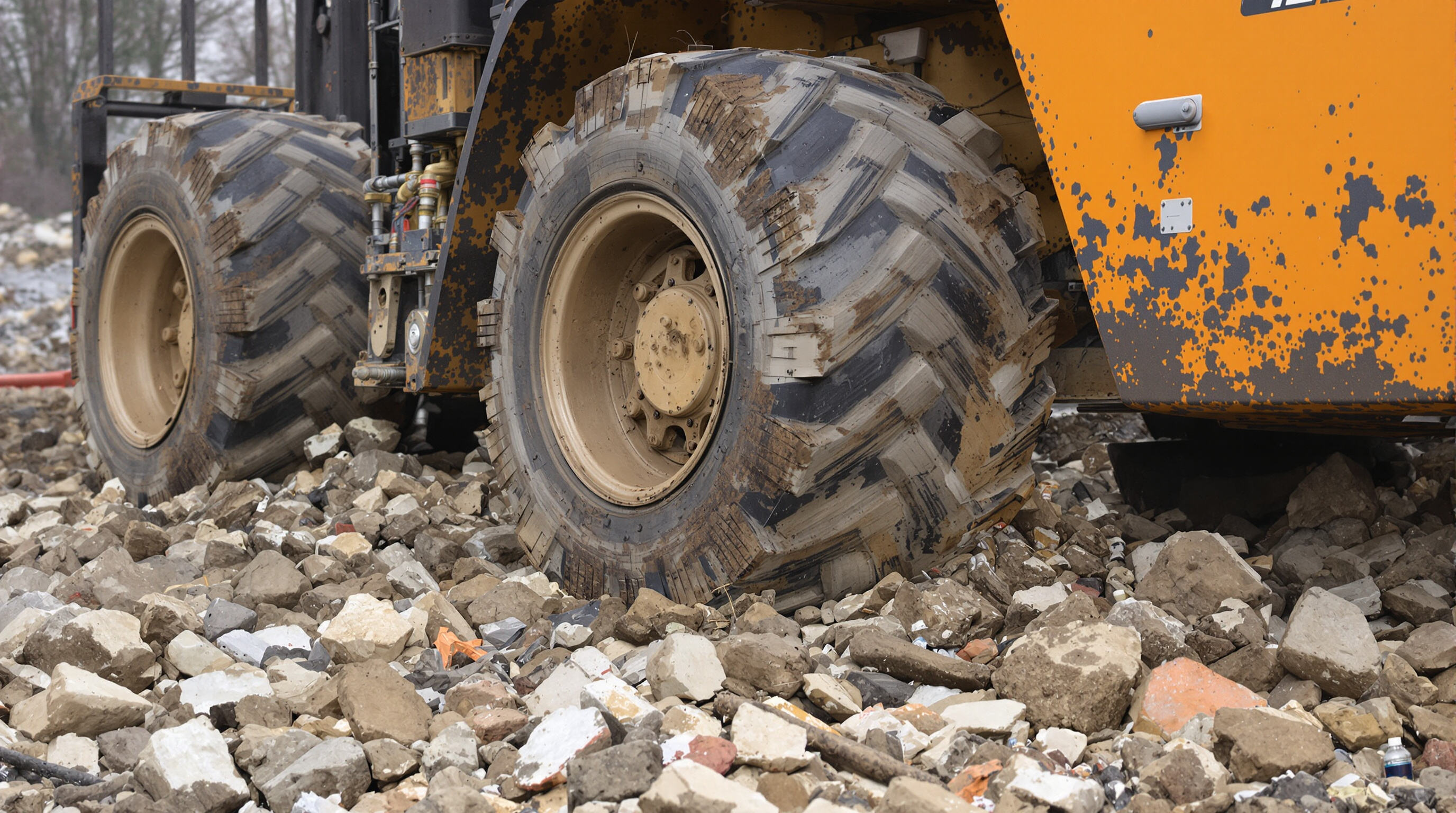 All terrain forklift with large tires and high ground clearance moving over rocks and debris outdoors