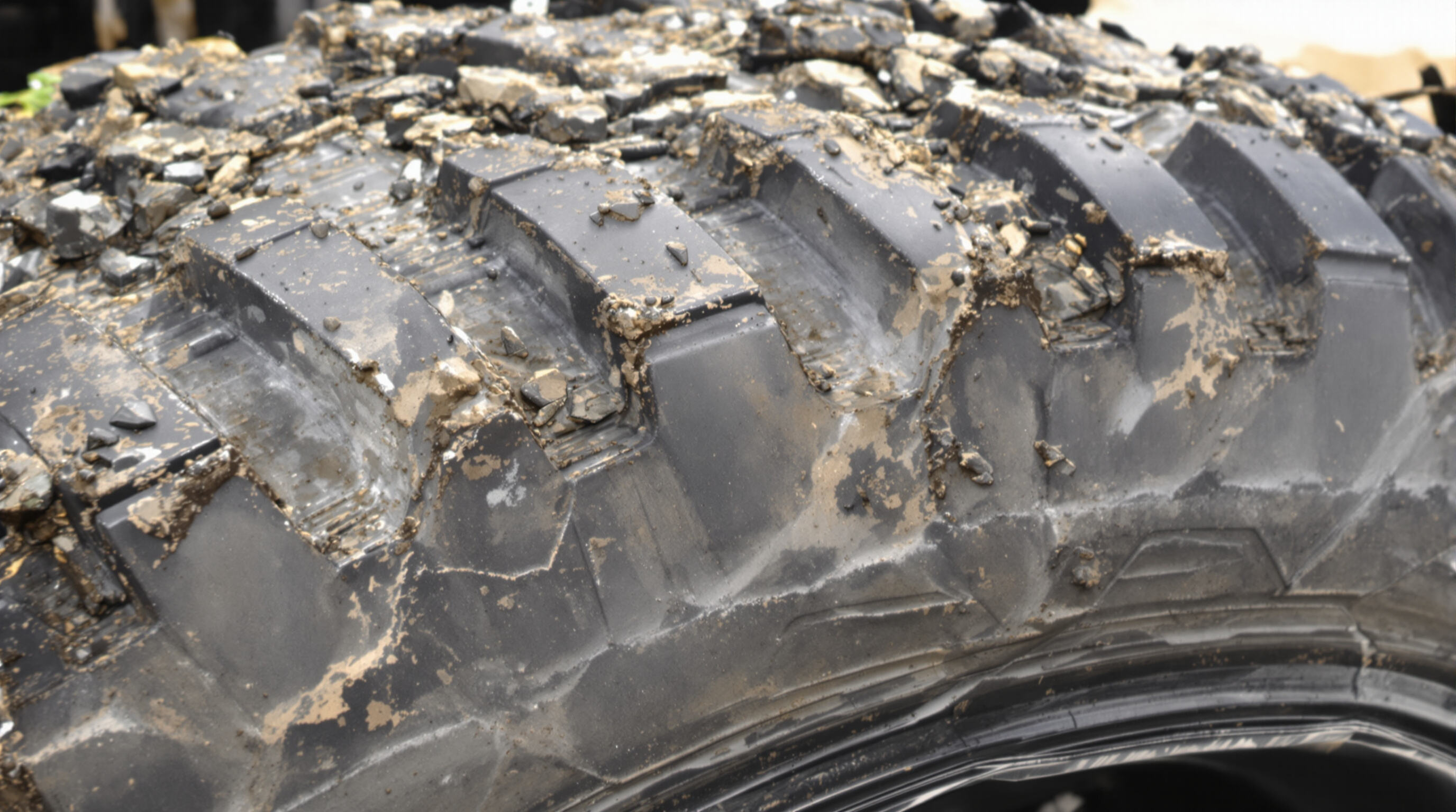 Close-up of all-terrain forklift tire with deep treads gripping muddy gravel surface