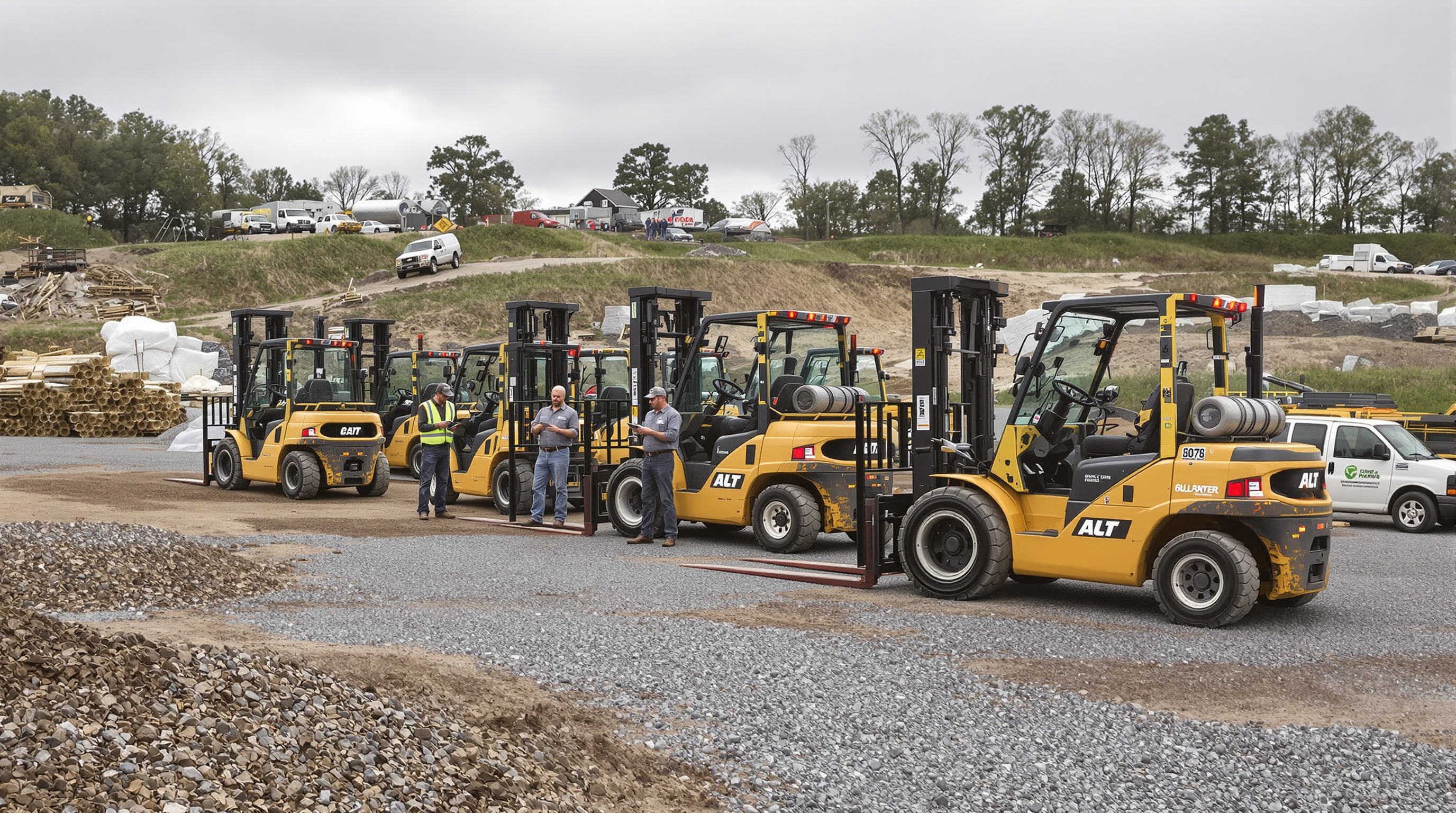 Fleet of all terrain forklifts with GPS units at a jobsite where supervisors track operations