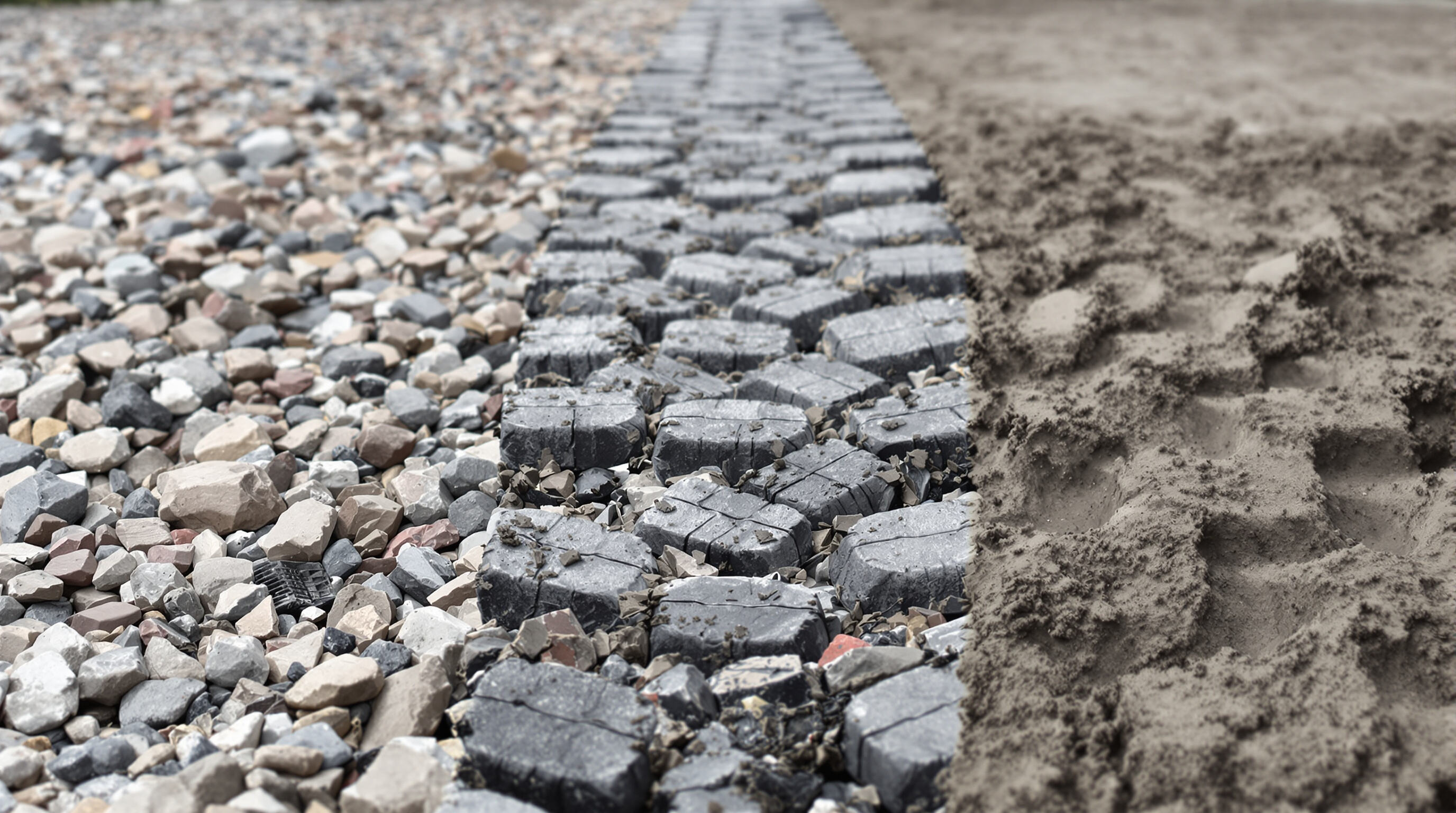 Various forklift tires on rocky, gravel, and muddy terrain showing tread differences