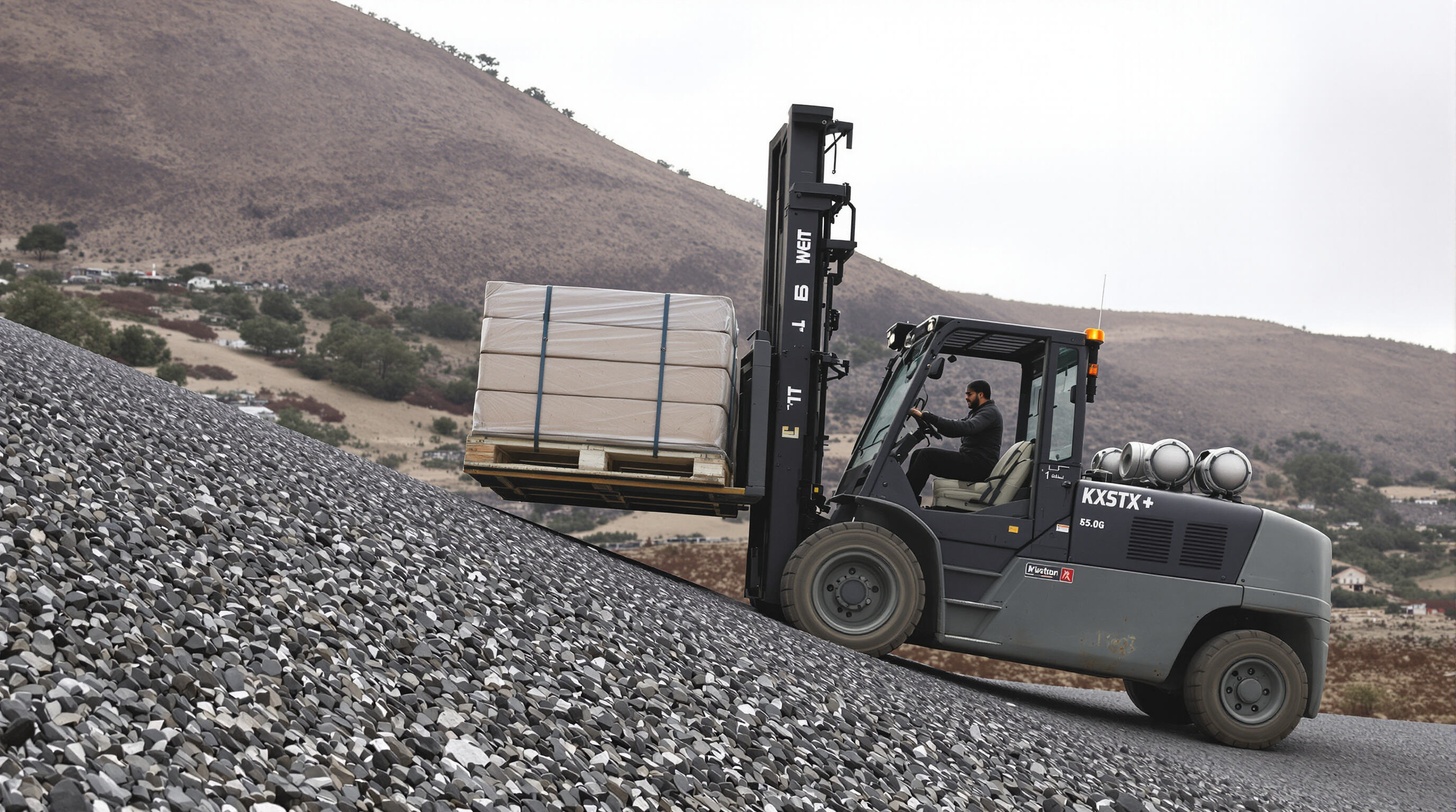 Forklift safely lifting heavy load on a gravel slope, demonstrating stability features in hilly environment