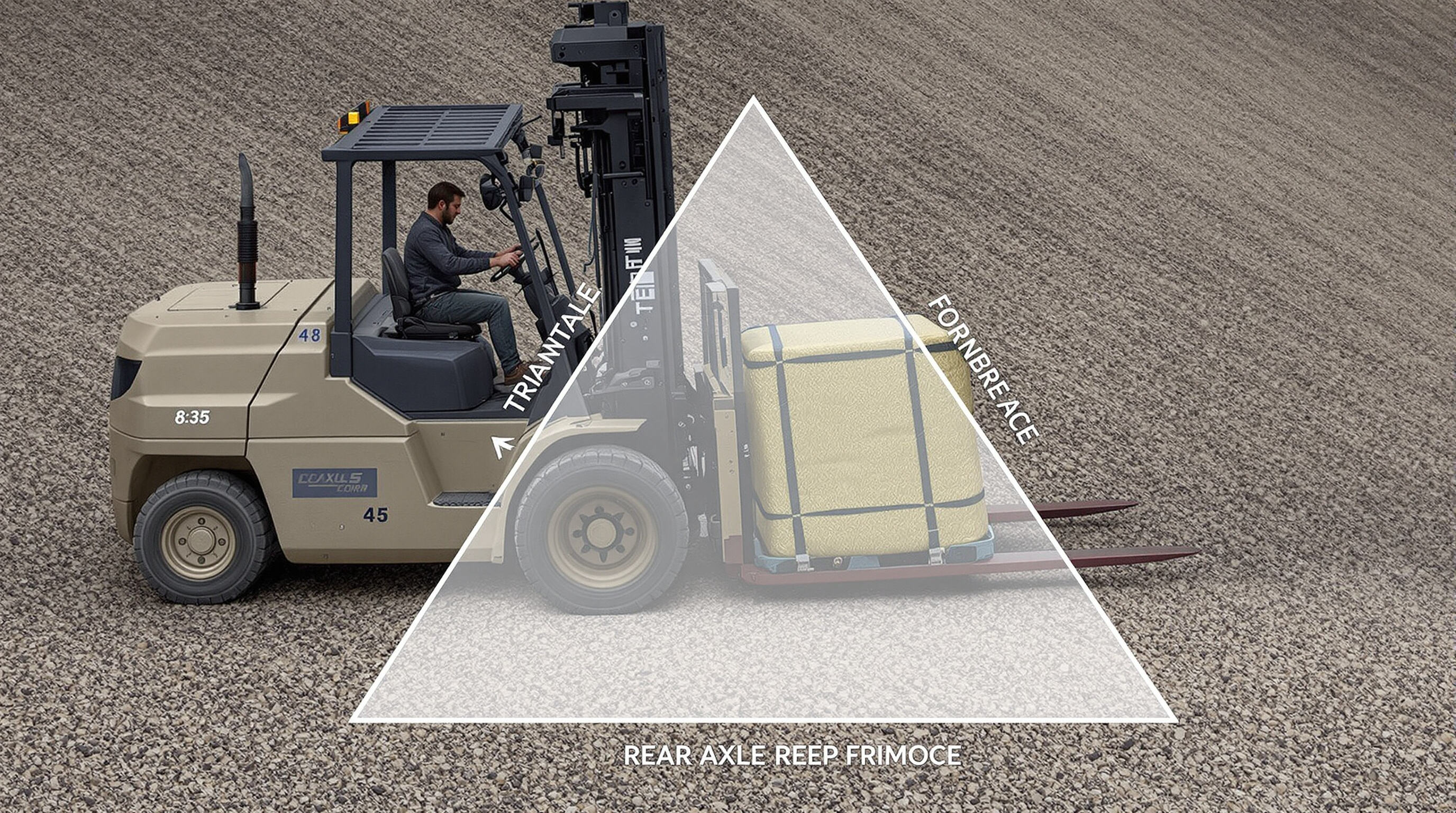 All-terrain forklift on gravel depicting the stability triangle and centered load