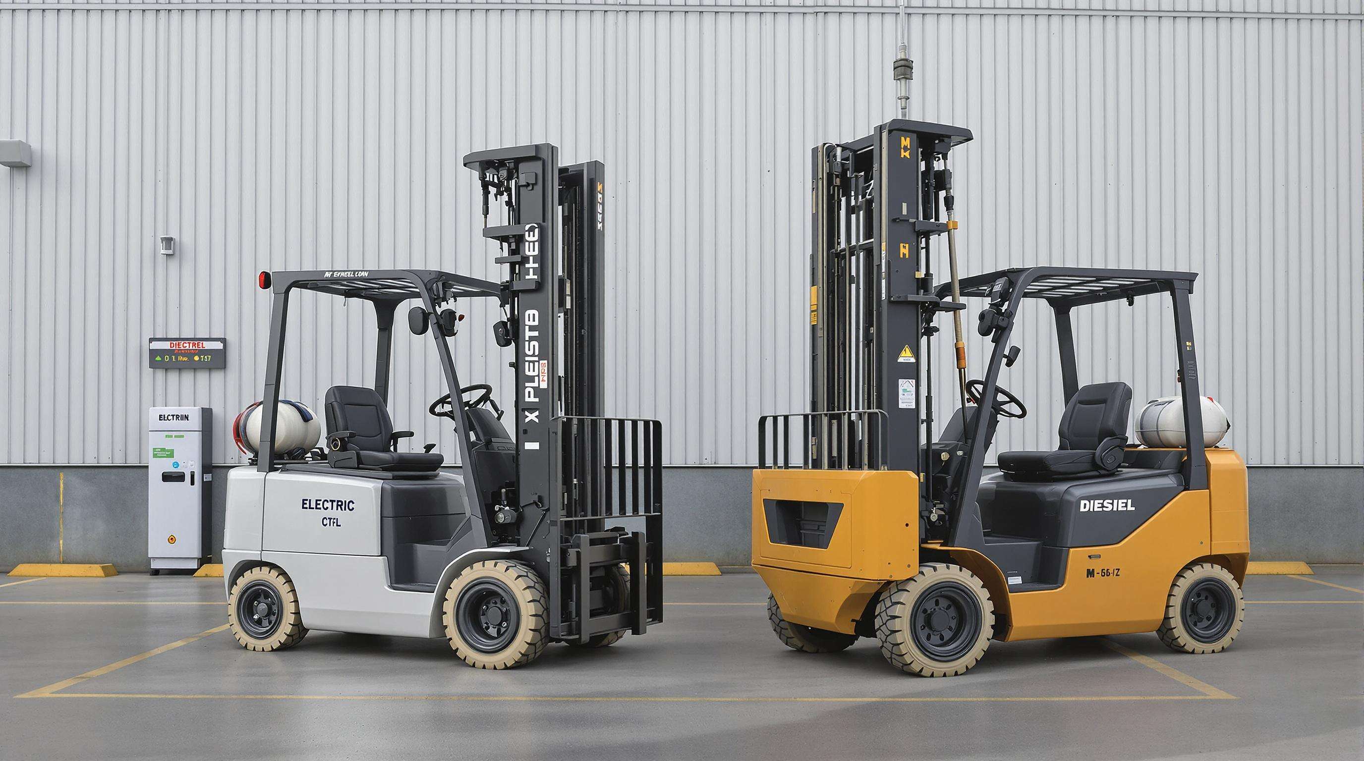 Side-by-side electric and diesel forklifts in a warehouse with charging station and fuel canister