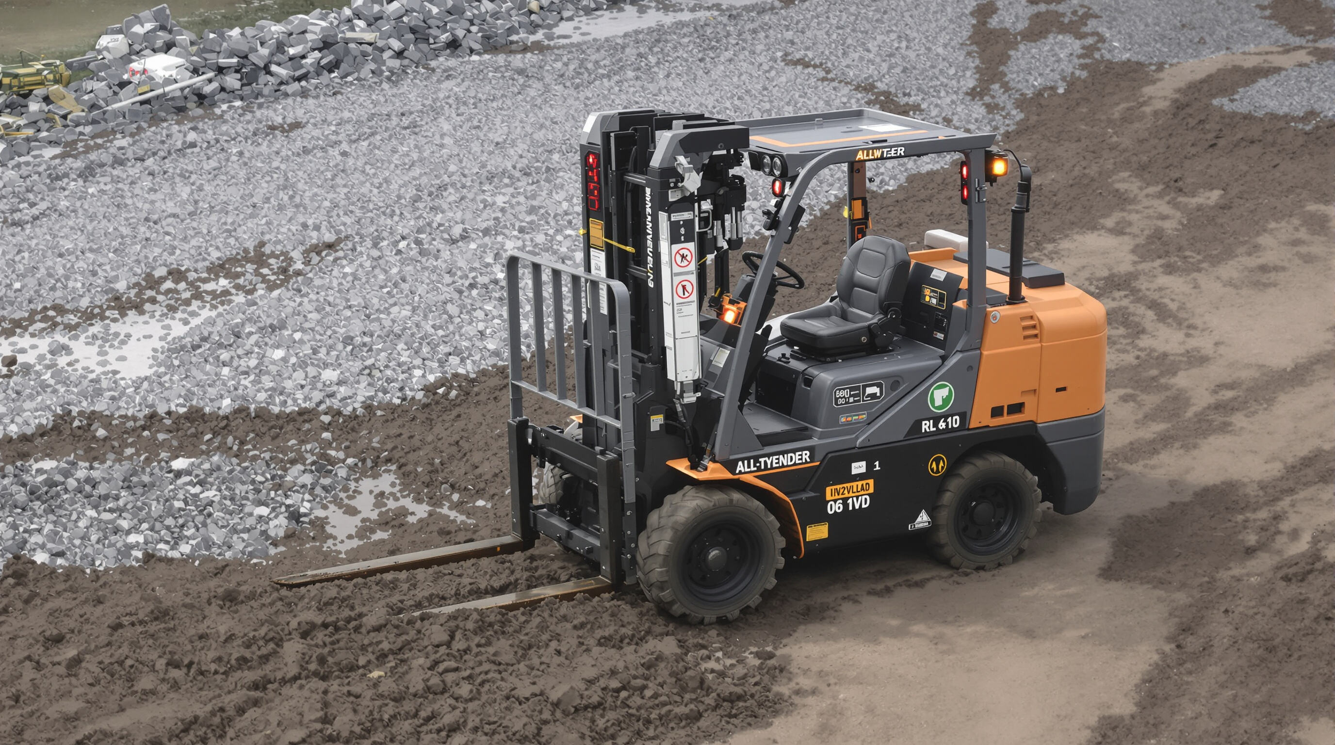Modern all terrain forklift with autonomous technology sensors working on muddy and gravel terrain