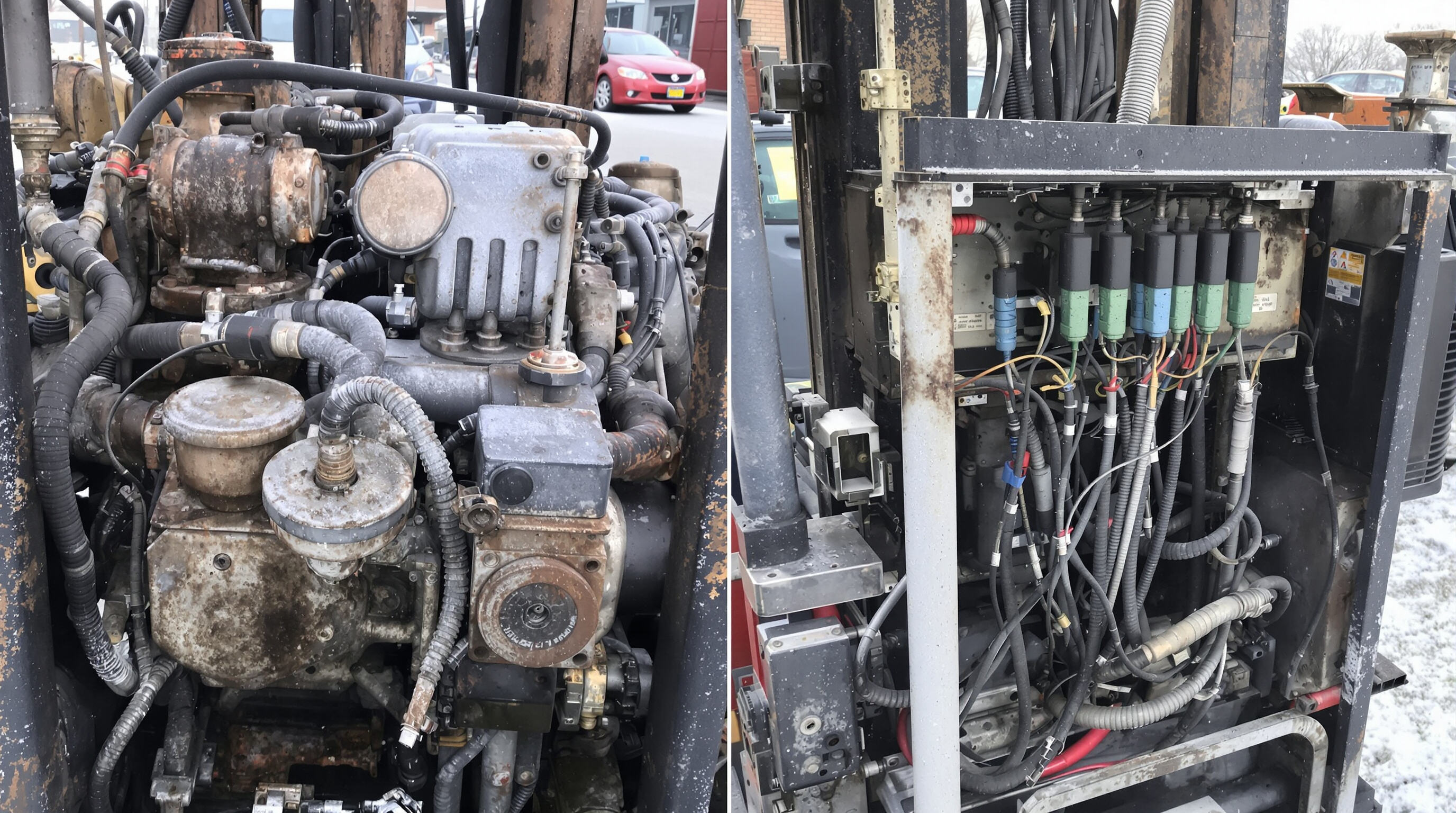 Diesel and electric forklifts outdoors in frosty, harsh conditions, highlighting component durability