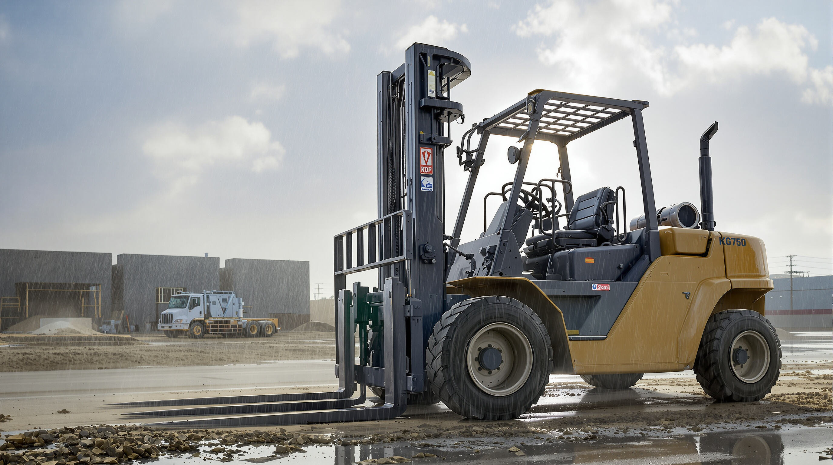 A reinforced forklift on an outdoor construction site facing rain, sun, and blowing sand