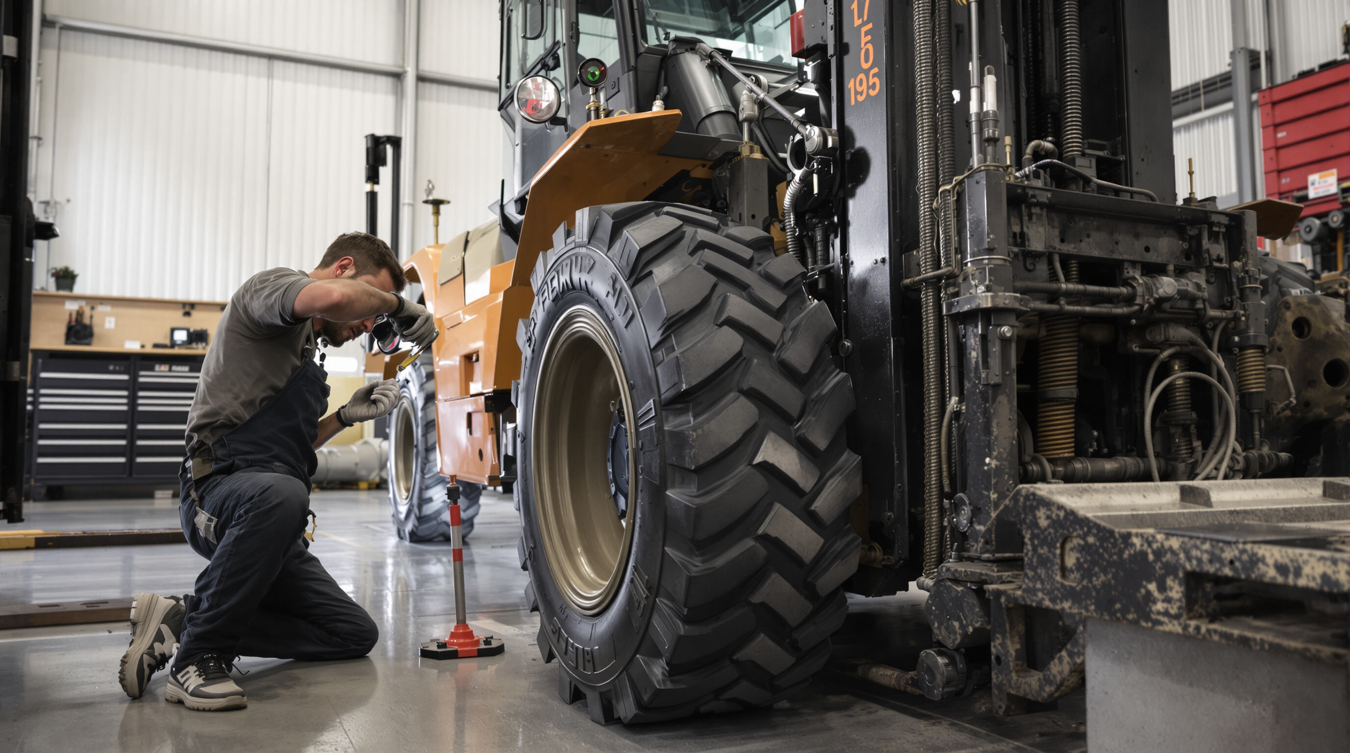 Technician examining forklift tires and undercarriage components in a maintenance bay