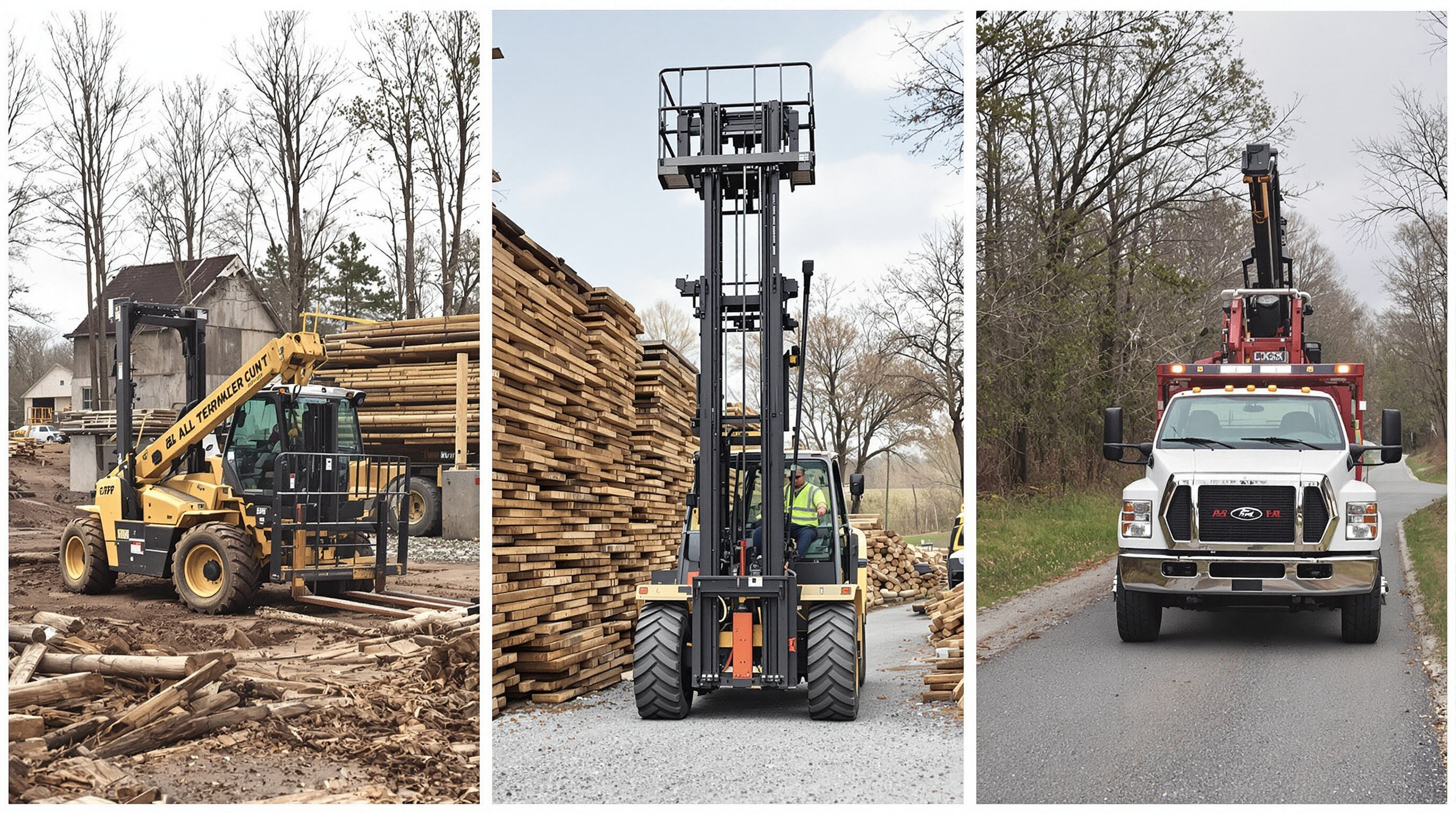 Three types of all terrain forklifts operating on different outdoor terrains