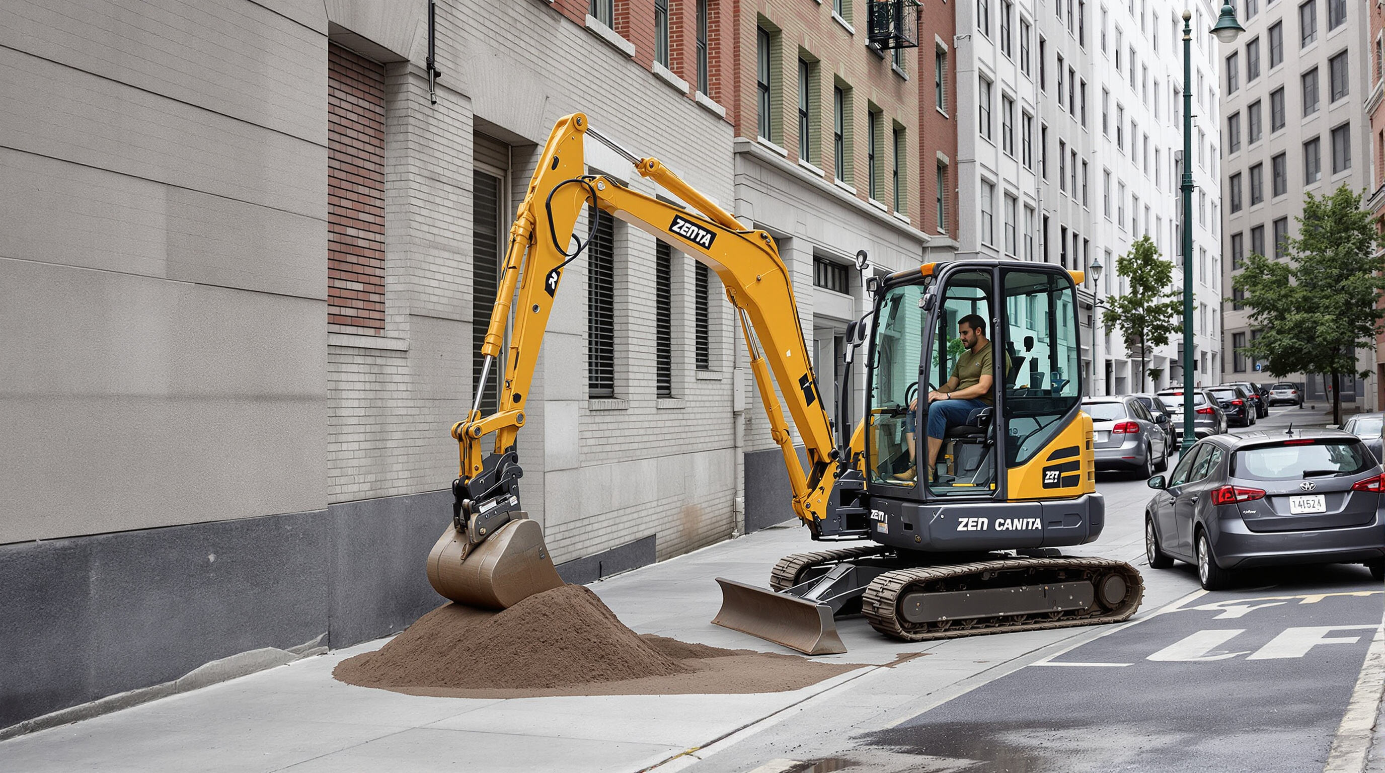 Mini excavator maneuvering safely in a tight urban alley, avoiding structures and pavement damage