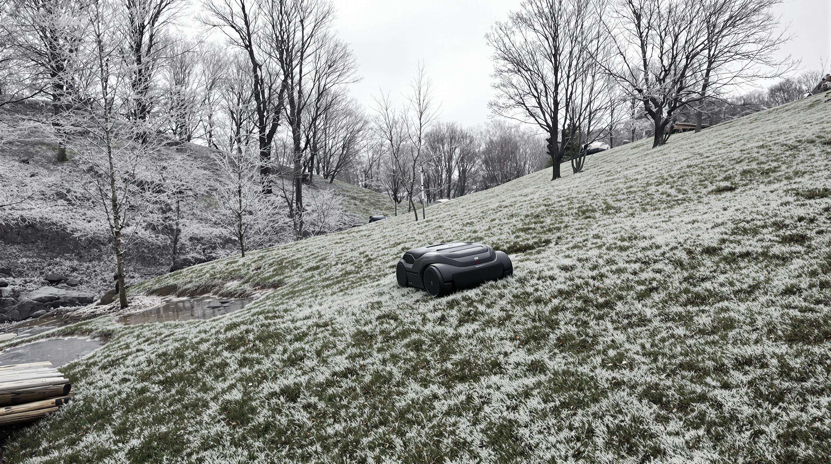 Realistic robot mower struggling on rocky, sloped terrain amid obstacles and inclement conditions