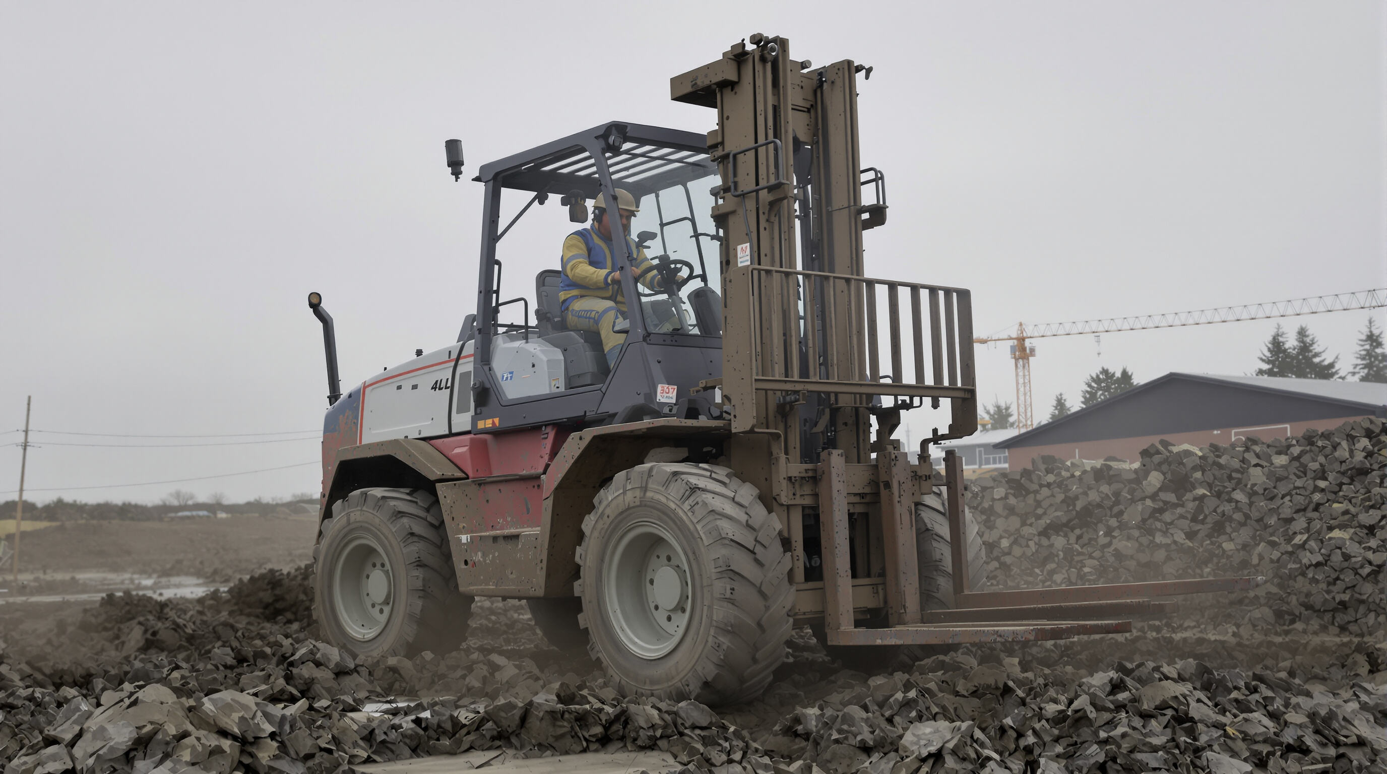 An all terrain forklift with large tires operating on a muddy, uneven construction site