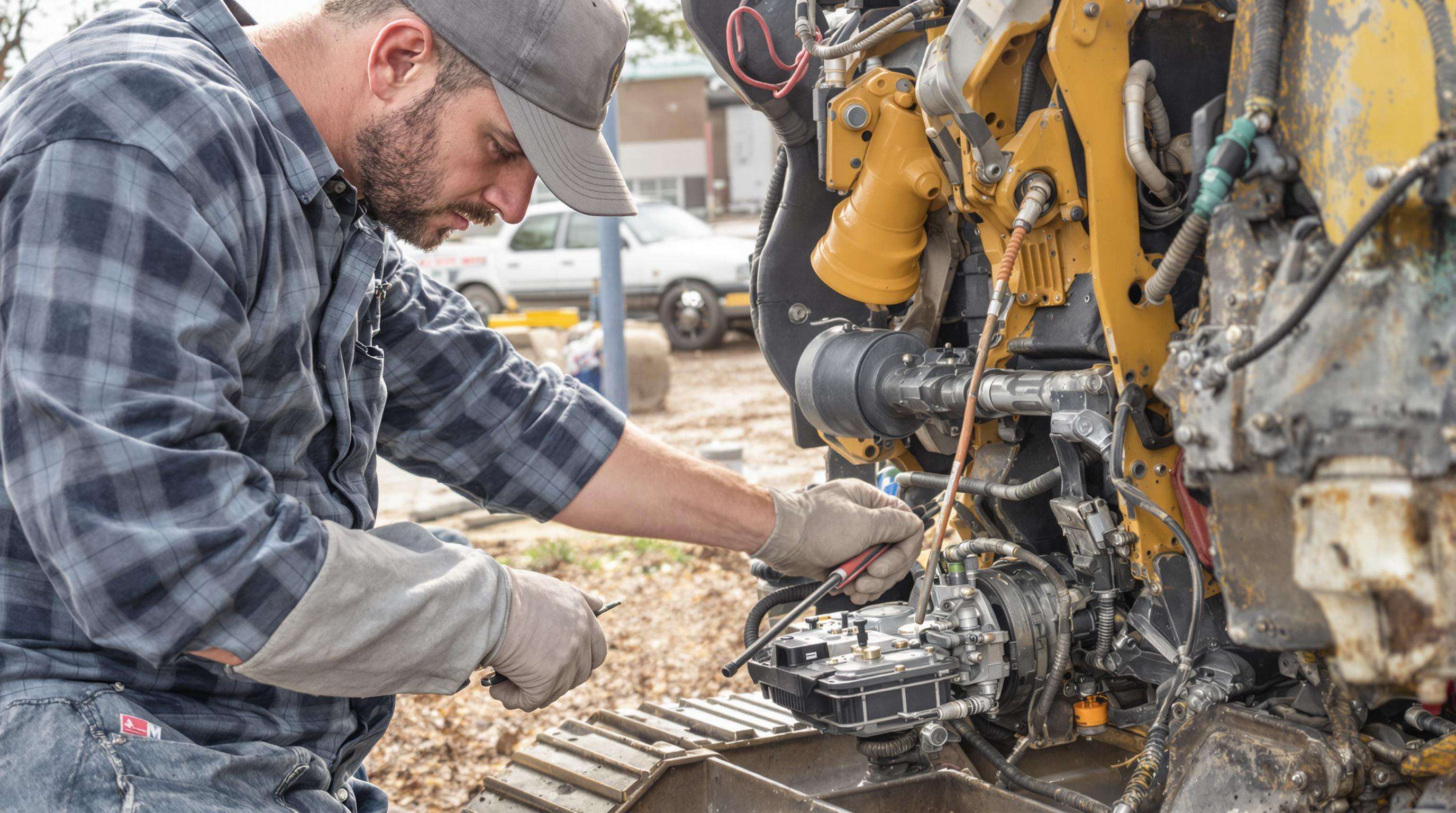 Operator inspecting a mini excavator engine and undercarriage before starting work